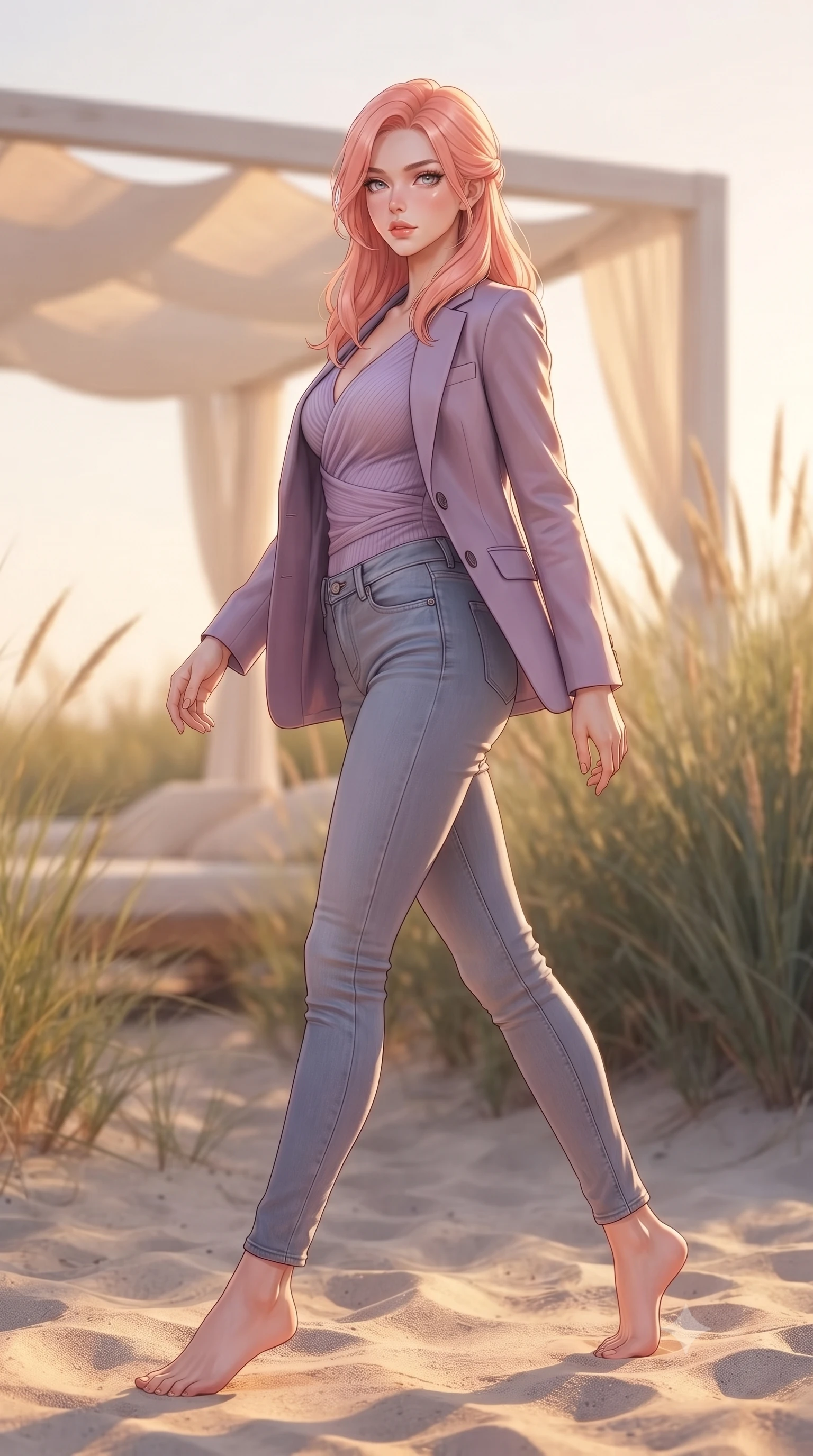 score_9, masterpiece, best quality, ultra-detailed, high-budget anime keyframe, editorial fashion photography, tasteful artistic composition, Japanese woman. low angle full-body shot from head to toe showing her feet, filling the entire 9:16 vertical frame with her statuesque presence, stretching her vertical silhouette. stepping gracefully while looking back over her shoulder, her dress draped tightly to reveal her silhouette the background shows a soft-focus a secluded beach dune pavilion with paper canopy, surrounded by tall beachgrass. She has an absolutely perfect, statuesque 8.5-heads proportion, an exceptionally tall and slender model-like female figure with impossibly long slender legs and an ultra-slim waist. sharp v-shaped jawline, high-bridge nose, intricate jewel-like eyes with depth, thick eyelashes, glossy lips with a natural sheen. wearing a body-hugging tight-fitting lavender knit bodysuit worn under a tailored open blazer and jeans. warm golden afternoon sunlight bathing the sands in a soft glow. ultra-reflective glossy finish, specular highlights, metallic sheen, high-contrast stereoscopic depth, volumetric dynamic lighting, 2k, ultra detail, master piece, 9:16 ratio