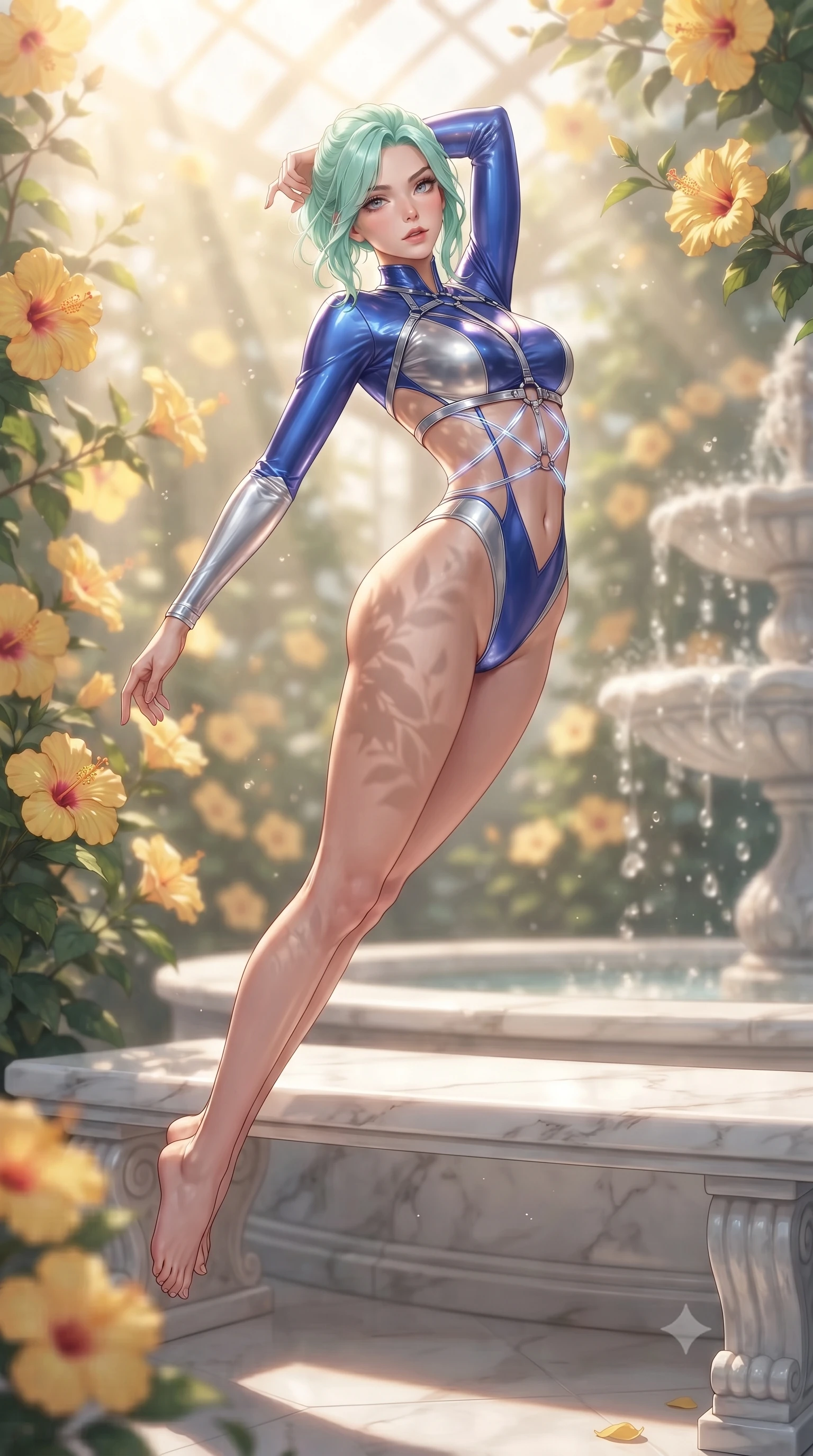 score_9, masterpiece, best quality, ultra-detailed, high-budget anime keyframe, editorial fashion photography, tasteful artistic composition, Japanese woman. low angle full-body shot from head to toe showing her feet, filling the entire 9:16 vertical frame with her statuesque presence, stretching her vertical silhouette. performing an alluring mid-air vault with flawless poise, looking directly into the camera with smoldering intensity while reclining along a polished marble bench surrounded by blooming yellow hibiscus with an alluring smoldering gaze. The composition keeps background elements in soft focus with creamy bokeh. streaming sunbeams and fountain water droplets softened in a dreamy, warm depth of field. She has an absolutely perfect, statuesque 8.5-heads proportion, an exceptionally tall and slender model-like female figure with impossibly long slender legs, a toned flat midriff, and an ultra-slim waist. sharp v-shaped jawline, high-bridge nose, intricate jewel-like eyes with depth, thick eyelashes, glossy lips with a natural sheen, flawlessly proportioned anatomical accuracy, strict slender model proportions, natural body alignment, perfectly sculpted long slender limbs, ultra-slim waistline, clean dynamic posture without body distortion. wearing a high-cut translucent vinyl leotard with front paneling, exposed side-rib cutouts, and an open back in liquid electric cobalt blue and polished silver, made of liquid metal jersey that clings flawlessly to every contour of her build, reinforced by a sleek metallic chrome harness and delicate glowing micro-straps, the precision-cut daring openings accentuating her delicate midriff, graceful bare collarbones, and ultra-slim feminine waistline. illuminated by fresh botanical ambient radiance with organic leaf-shadow stencils on her skin. ultra-reflective glossy finish, specular highlights, metallic sheen, high-contrast stereoscopic depth, volumetric dynamic lighting, 2k, ultra detail, master piece, 9:16 ratio