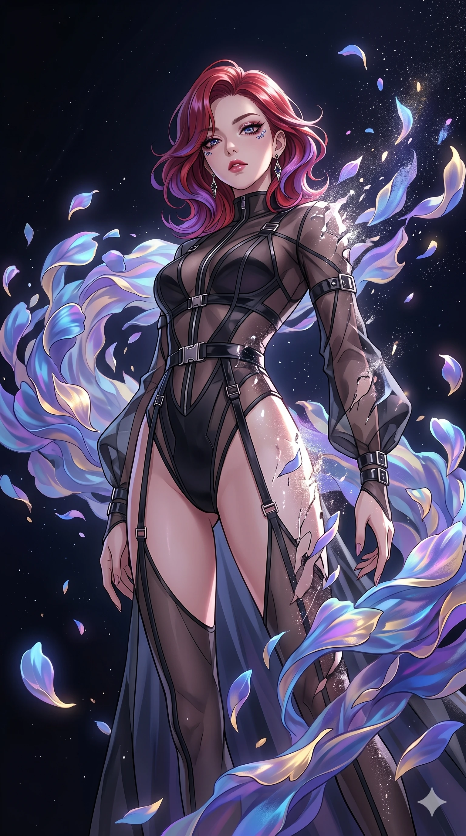score_9, masterpiece, best quality, ultra-detailed, High-budget Anime Keyframe, East Asian woman. Low angle cowboy shot filling the entire 9:16 frame with her statuesque presence. Scenario 1: Dissolving into a cloud of iridescent silk petals in a void. Her presence is magnetic and overpowering in this high-budget anime scene. Outfit 1: A sheer organza dangerous with a high-cut leg line and metallic buckles. The clothing is designed to emphasize her exceptionally tall and slender 8-heads proportion. 8-heads proportion, towering silhouette, ultra-slim waist. sharp v-shaped jawline, intricate jewel-like eyes with depth, thick eyelashes, glossy lips. 2k, ultra detail, master piece, 9:16 ratio