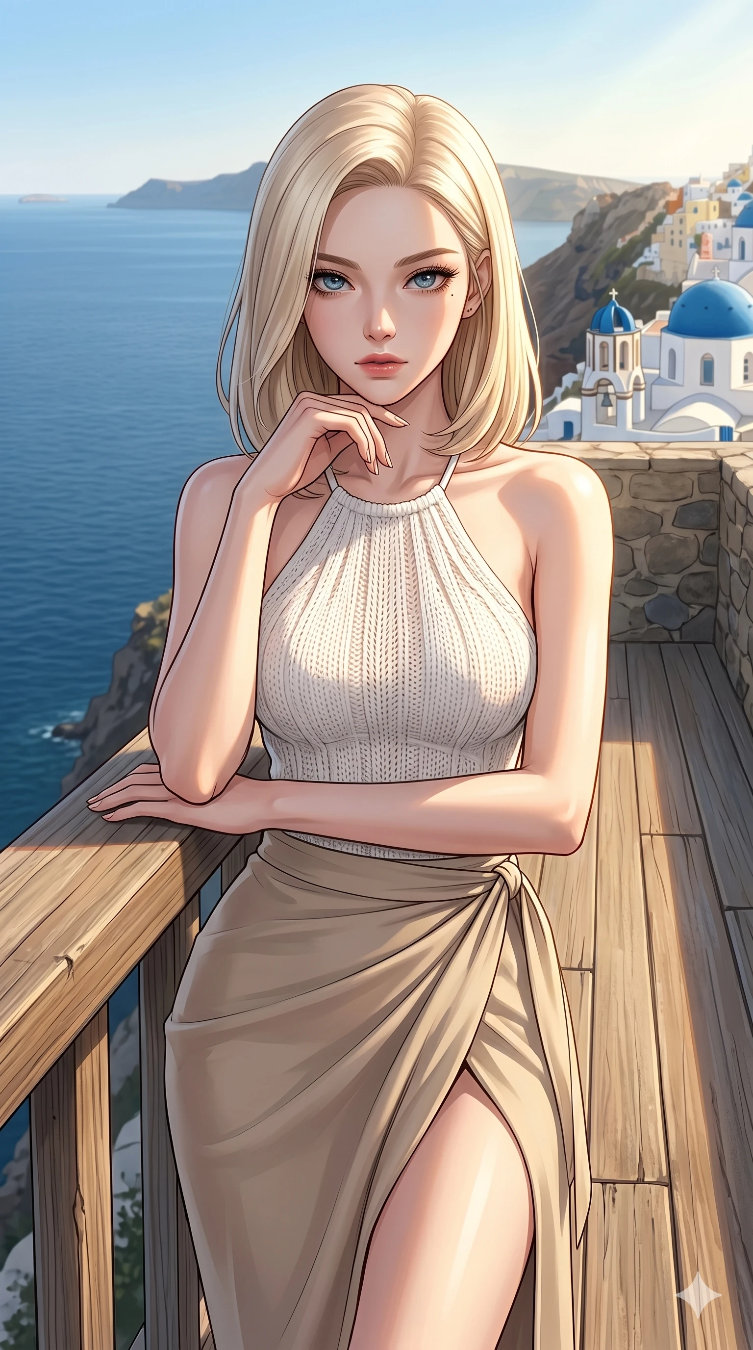 score_9, masterpiece, best quality, ultra-detailed, high-budget anime keyframe, editorial fashion photography, tasteful artistic composition, Korean woman. cowboy shot from the thighs up, character and outfit filling the frame for maximum editorial presence. resting her chin on her fingers, looking directly into the lens with a piercing, mysterious gaze on a private teak sun-deck of a cliffside villa in Santorini, overlooking the calm Aegean sea (Code-P138). She has an absolutely perfect 8-heads proportion, an exceptionally tall and slender female figure with impossibly long slender legs and an ultra-slim waist. V-shaped jawline, high-bridge nose, intricate jewel-like eyes with depth, thick eyelashes, glossy lips with a natural sheen. wearing a white knit halter top showing her elegant clavicle lines, and a high-slit wrap skirt. drenched in brilliant afternoon sunshine, casting warm rays that trace the curves of her athletic figure. 2k, ultra detail, master piece, 9:16 ratio