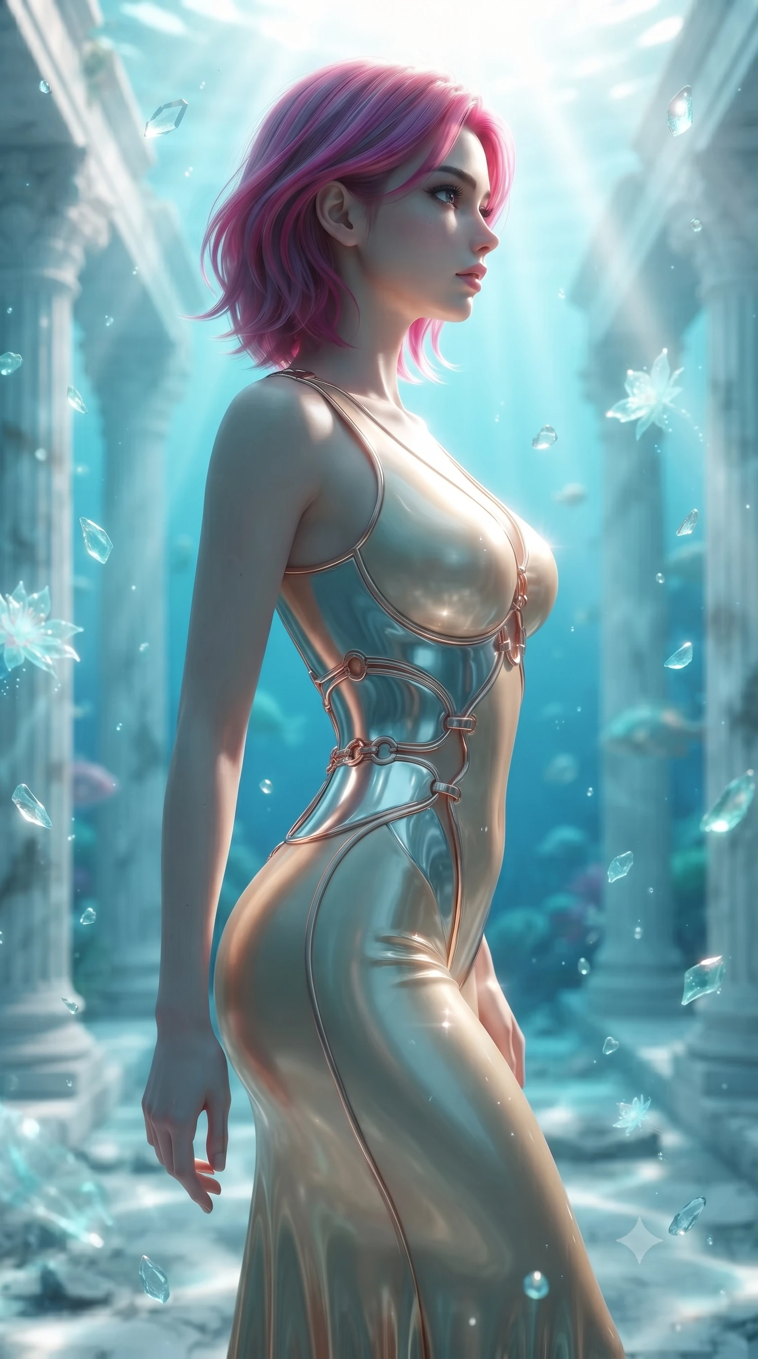 score_9, masterpiece, best quality, ultra-detailed, high-budget anime keyframe, editorial fashion photography, tasteful artistic composition, Caucasian woman. close-up cowboy shot from the waist and thighs up, the character dominates the composition, filling the frame with her large presence, background elements kept in soft focus. Turning her face in sharp dramatic profile against the radiant light, standing on a sunken white marble colonnade underwater surrounded by bioluminescent sea-flowers, translucent sea glass fragments drifting gracefully around her. She has an exceptionally elegant, slender, and willowy female figure with an ultra-slim waist, a gracefully sculpted slender torso, and a refined silhouette. sharp v-shaped jawline, high-bridge nose, intricate jewel-like eyes with depth, thick eyelashes, glossy lips with a natural sheen. wearing fitted opal-glazed silk maxi dress hugging every curve in champagne gold, made of sculpted platinum chrome, trimmed with rose-gold ring hardware along the waist contours, contouring every curve with an exceptionally elegant silhouette. bathed in brilliant underwater sunbeams and soft turquoise caustic glow. ultra-reflective glossy finish, specular highlights, metallic sheen, high-contrast stereoscopic depth, volumetric dynamic lighting, 2k, ultra detail, master piece, 9:16 ratio