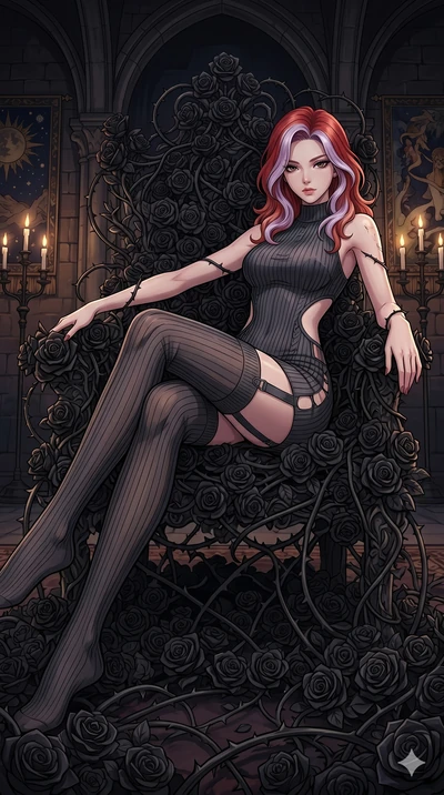 score_9, masterpiece, best quality, ultra-detailed, High-budget Anime Keyframe, East Asian woman. Dynamic full-body shot stretching the vertical silhouette to the limit. Scenario 90: Resting on a throne of black roses, thorns grazing her skin. Her pr