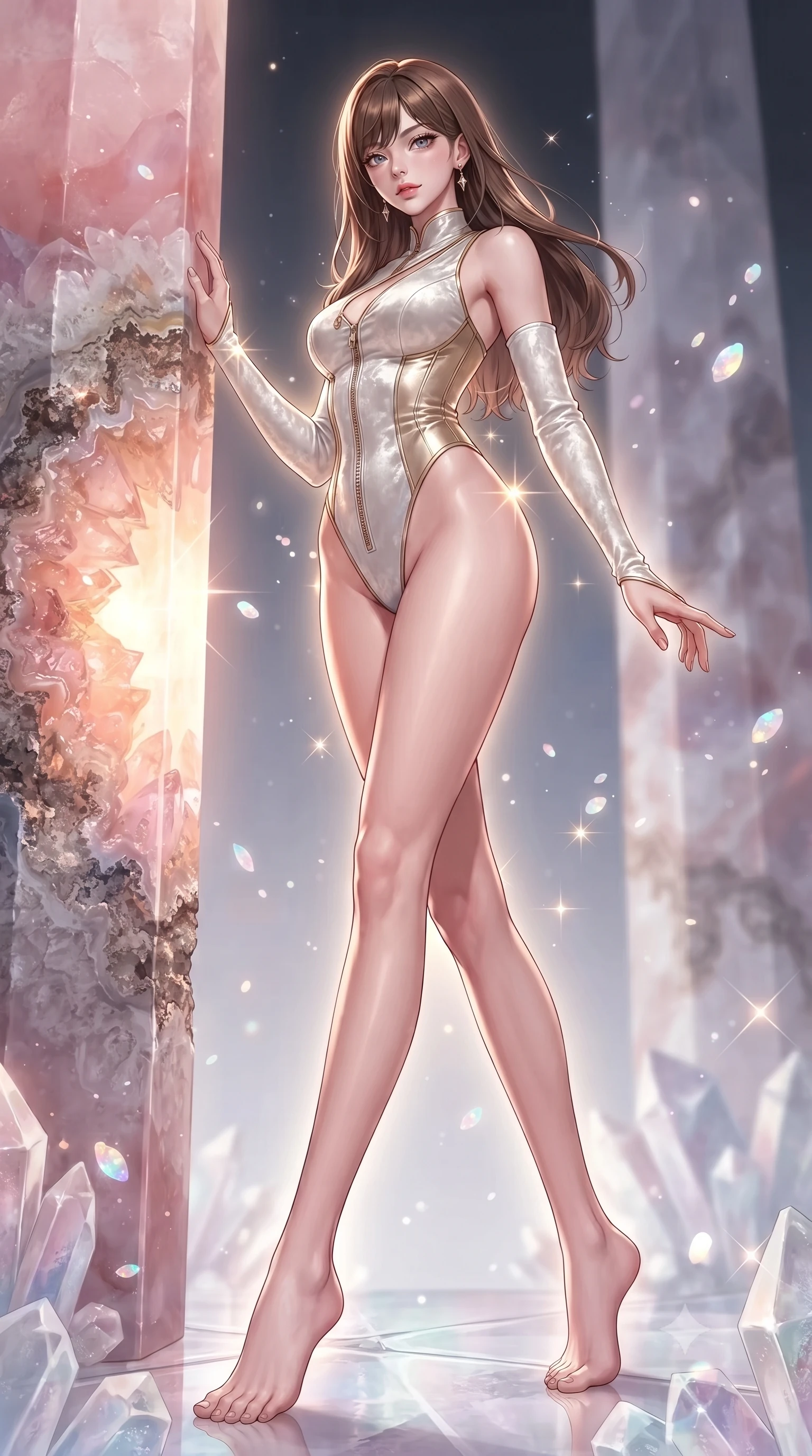 score_9, masterpiece, best quality, ultra-detailed, high-budget anime keyframe, editorial fashion photography, tasteful artistic composition, Korean woman. low angle full-body shot from head to toe showing her feet, filling the entire 9:16 vertical frame with her statuesque presence, stretching her vertical silhouette. interacting with floating opal particles, her long slender legs poised in motion, touching a giant rose quartz pillar that emits a warm inner glow, high-contrast texture of rough geode stone and smooth polished crystals. She has an absolutely perfect, statuesque 8.5-heads proportion, an exceptionally tall and slender model-like female figure with impossibly long slender legs and an ultra-slim waist. sharp v-shaped jawline, high-bridge nose, intricate jewel-like eyes with depth, thick eyelashes, glossy lips with a natural sheen. wearing asymmetric high-cut cyber-bodysuit with detached sleeves in pearl white in champagne gold, made of crushed white silk velvet, finished with metallic gold boning and sleek zipper points, accentuating her gracefully sculpted slender torso. surrounded by a glowing inner light aura with sharp specular glints. highly saturated vibrant anime colors, detailed shading with soft gradients, rich glossy textures, high-contrast stereoscopic depth, volumetric dynamic lighting, master piece, 9:16 ratio