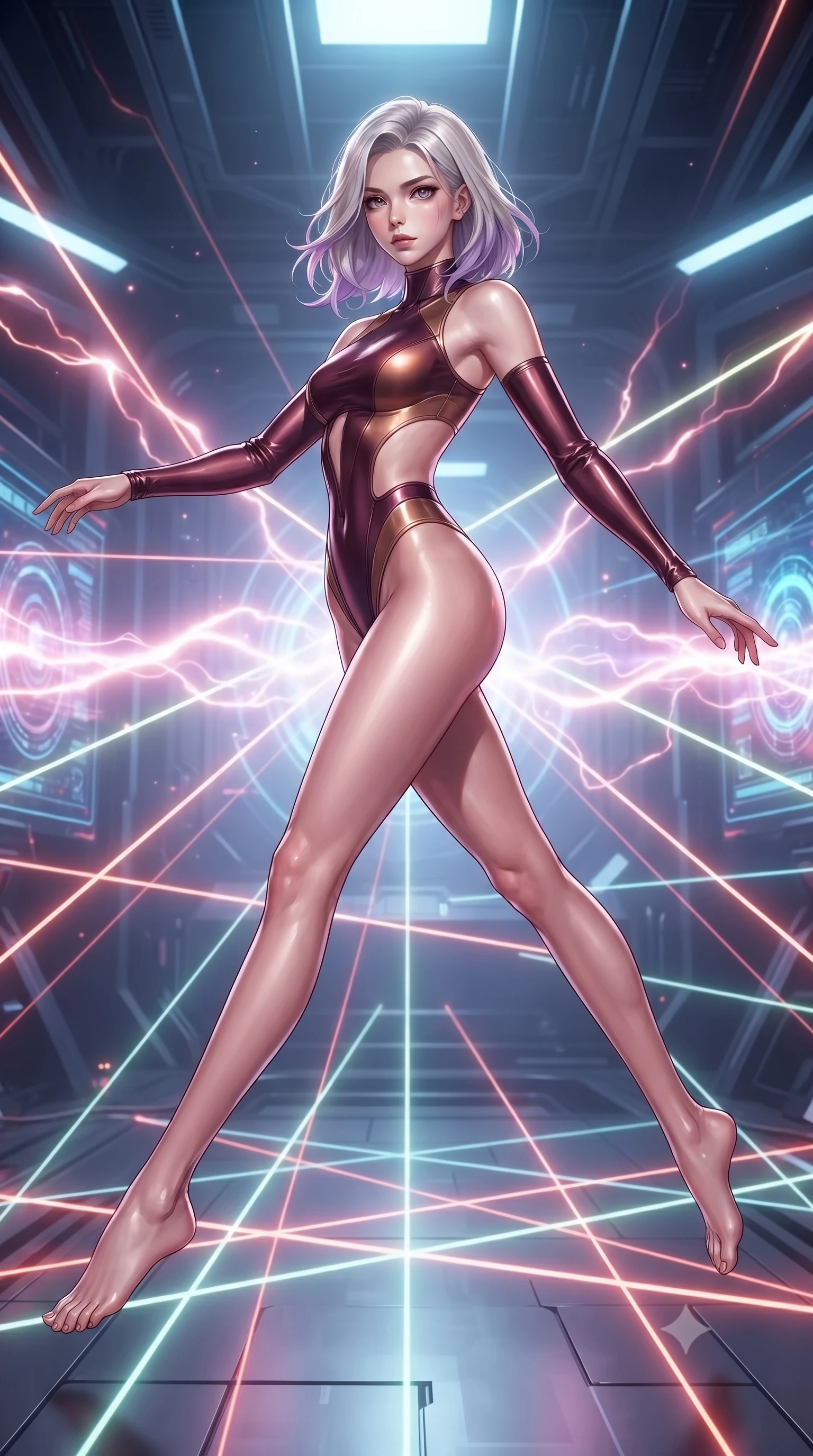 score_9, masterpiece, best quality, ultra-detailed, high-budget anime keyframe, editorial fashion photography, tasteful artistic composition, Caucasian woman. low angle full-body shot from head to toe showing her feet, filling the entire 9:16 vertical frame with her statuesque presence, stretching her vertical silhouette. leaping gracefully through mid-air with statuesque elegance, her impossibly long slender legs stretched in perfect balance while leaping across a grid of shifting laser beams while turning to gaze at the camera, glowing plasma arcs pulsating rhythmically in the background atmosphere. She has an absolutely perfect, statuesque 8.5-heads proportion, an exceptionally tall and slender model-like female figure with impossibly long slender legs and an ultra-slim waist. sharp v-shaped jawline, high-bridge nose, intricate jewel-like eyes with depth, thick eyelashes, glossy lips with a natural sheen, flawlessly proportioned anatomical accuracy, natural body alignment, perfectly sculpted elegant limbs, clean dynamic posture without body distortion. wearing an asymmetrical high-cut tech-bodysuit with detached sleeves in deep burgundy and bronze, formed from sleek second-skin neoprene, featuring clean architectural cutouts along her slender torso, the glove-like fit emphasizing her statuesque silhouette during motion. illuminated by radiant holographic displays and intense laser beam highlights. ultra-reflective glossy finish, specular highlights, metallic sheen, high-contrast stereoscopic depth, volumetric dynamic lighting, 2k, ultra detail, master piece, 9:16 ratio