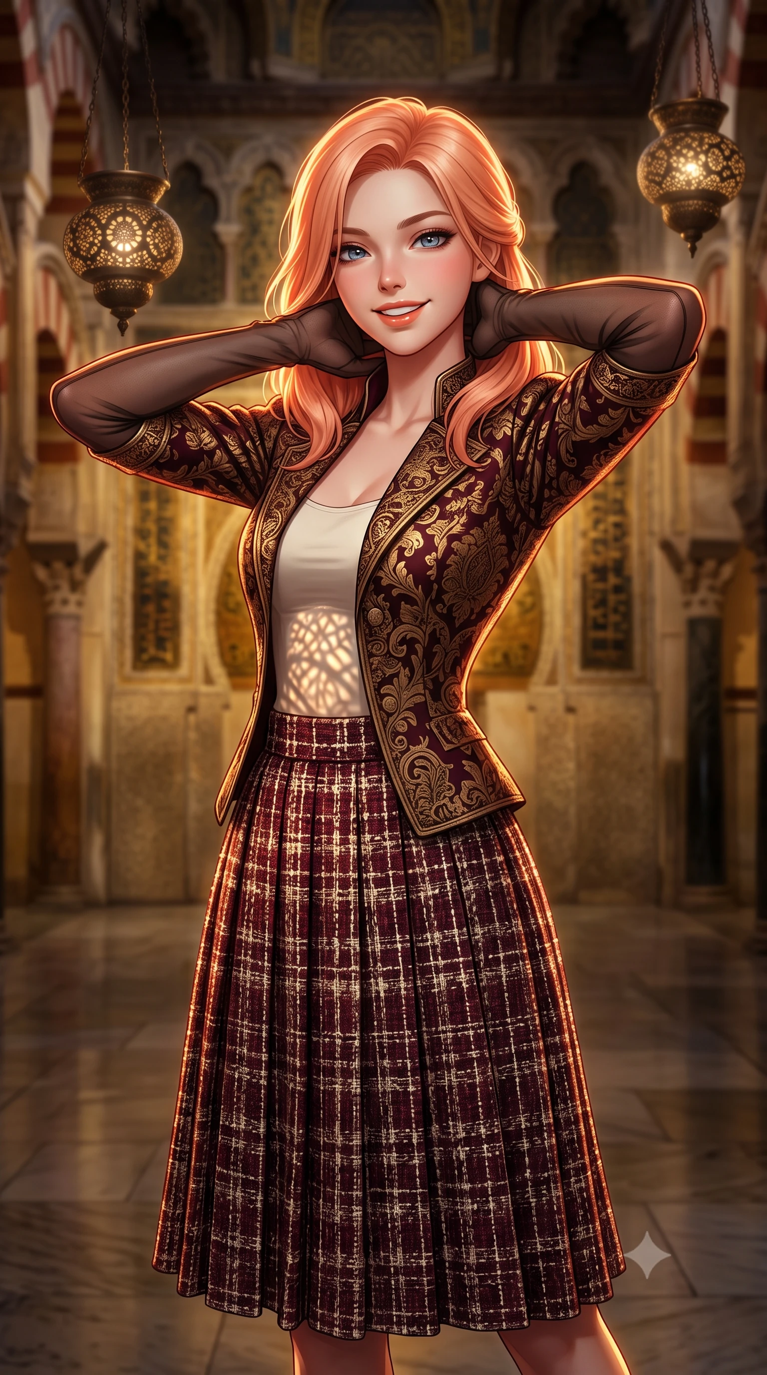 score_9, masterpiece, best quality, ultra-detailed, high-budget anime keyframe, semi-realistic 3D game render, editorial fashion photography, tasteful artistic composition, Japanese woman. close-up cowboy shot from the waist and thighs up, the character dominates the composition, filling the frame with her large presence. resting both hands lightly behind her neck with elbows raised, arching her spine to highlight her narrow waist, flat midriff, and breathtaking collarbones while twisting her slender torso in an alluring S-curve, hanging pierced bronze oil lamps casting lace-like shadow patterns across her flat midriff and hips. The background shows a soft-focus distant mihrab gold mosaic radiance softened in historic Andalusian cathedral-mosque shallow focus. She has an exceptionally elegant, slender, and willowy female figure with an ultra-slim waist, flat toned midriff, narrow ribcage, and sculpted feminine hips creating an alluring, slim hourglass silhouette without bulk. sharp v-shaped jawline, high-bridge nose, intricate jewel-like sparkling eyes with depth, thick eyelashes, glossy parted lips with a natural peach sheen, bright cheerful beaming smile with an enchanting and coquettish sensual glint, exuding both youthful cute charm and seductive allure, flawlessly proportioned anatomical accuracy, strict slender model proportions, natural body alignment, perfectly sculpted long slender limbs, ultra-slim waistline, clean dynamic posture without body distortion. wearing a structured Seville damask brocade riding jacket paired with an A-line accordion pleated midi skirt in Belvedere ivory pearl and Habsburg bordeaux wine, woven from structured British tweed with subtle metallic flecks, complemented by sheer opera-length evening gloves tracing her slender arms, the impeccably tailored cut draping gracefully along her slender figure with aristocratic poise. illuminated by polished stone floor bounce and sharp flame-gold rim lights defining her dewy collarbones, ultra-slim waist, and curvy hips. highly saturated vibrant anime colors, detailed shading with soft gradients, rich glossy textures, high-contrast stereoscopic depth, volumetric dynamic lighting, master piece, 9:16 ratio