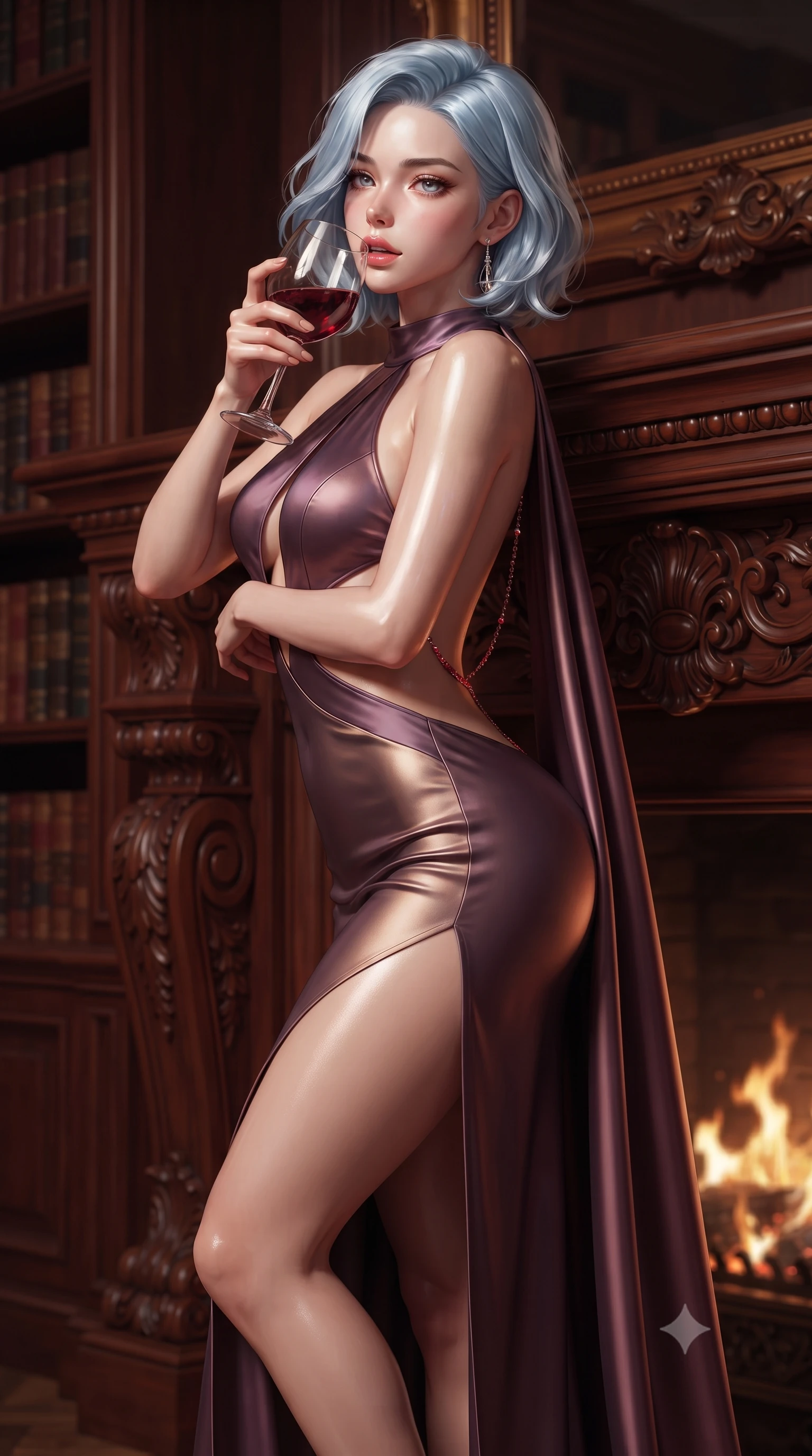 score_9, masterpiece, best quality, ultra-detailed, high-budget anime keyframe, editorial fashion photography, tasteful artistic composition, Korean woman. close-up cowboy shot from the waist and thighs up, the character dominates the composition, filling the frame with her large presence. arching her spine in an alluring serpentine S-curve, one hand resting on her waist with parted glossy lips and an intensely magnetic gaze while leaning back against the carved mahogany mantelpiece with hips cocked, holding a crystal goblet of deep red wine to her lips. The composition keeps background elements in soft focus with creamy bokeh. towering carved mahogany bookshelves and dancing fireplace embers blurred into rich burgundy, amber, and whiskey-gold bokeh. She has an exceptionally elegant, slender, and willowy female figure with an ultra-slim waist, a gracefully sculpted slender torso, toned flat midriff, and a refined slim silhouette. sharp v-shaped jawline, high-bridge nose, intricate jewel-like eyes with depth, thick eyelashes, glossy parted lips with a natural sheen, intensely captivating and seductive expression, flawlessly proportioned anatomical accuracy, strict slender model proportions, natural body alignment, perfectly sculpted long slender limbs, ultra-slim waistline, clean dynamic posture without body distortion. wearing a gothic siren halter-neck dress with dramatic diagonal torso cutouts and a trailing floor-length silk cape in dusky plum violet and antique bronze, tailored from ultra-smooth duchess satin with a pearlescent sheen, accented with a glittering ruby back chain tracing her bare spine, the dramatically scooped open back descending to the base of her spine, accentuating her razor-sharp statuesque lines and slim hourglass silhouette. illuminated by rich directional firelight sculpting every feminine curve of her slender silhouette. ultra-reflective glossy finish, specular highlights, rich textural contrasts, high-contrast stereoscopic depth, volumetric dynamic lighting, 2k, ultra detail, master piece, 9:16 ratio