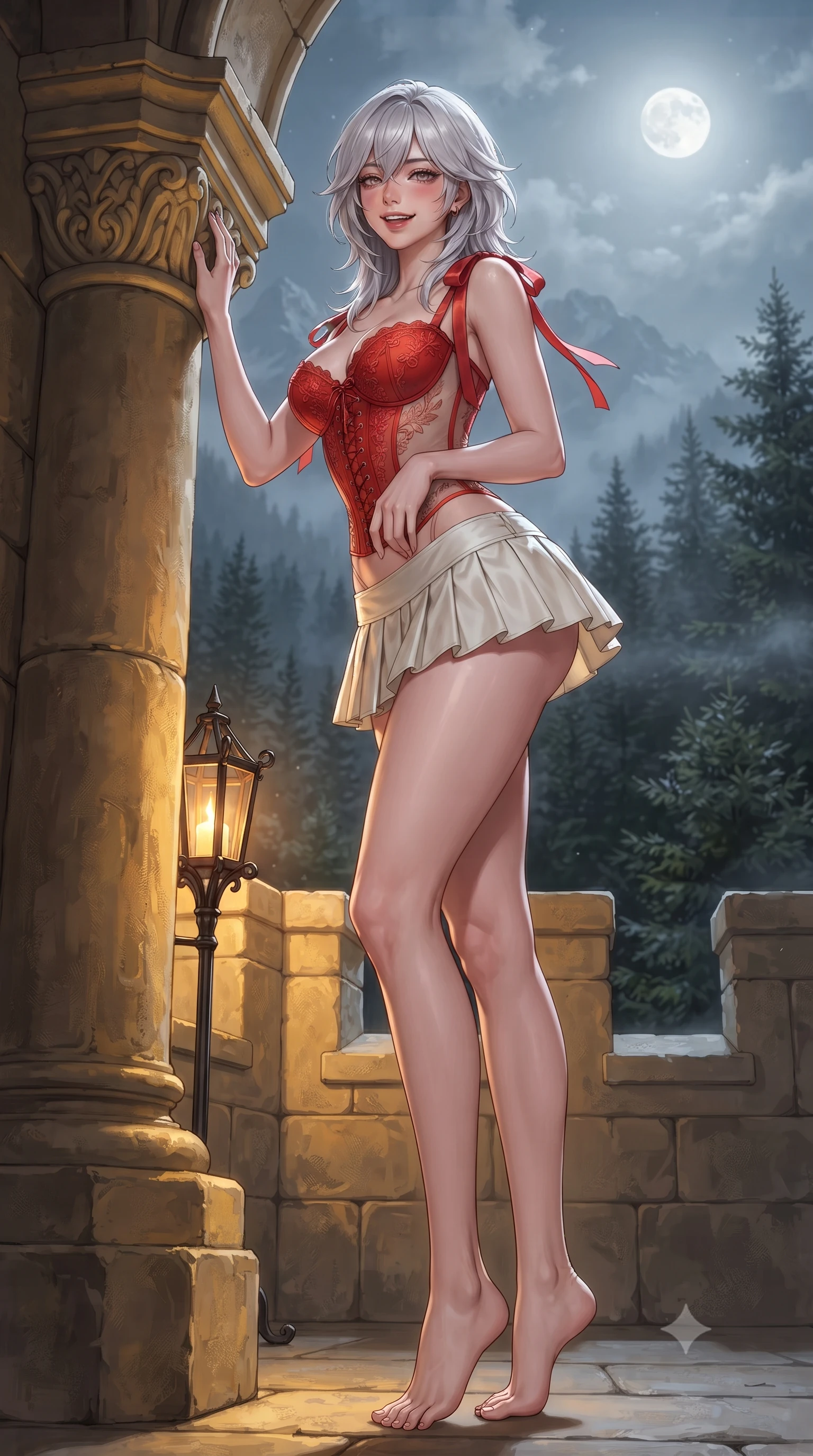score_9, masterpiece, best quality, ultra-detailed, high-budget anime keyframe, editorial fashion photography, tasteful artistic composition, Japanese woman. low angle full-body shot from head to toe showing her feet, filling the entire 9:16 vertical frame with her statuesque presence, stretching her vertical silhouette. standing tall beside the architectural column, one hand resting high while arching her lower back to emphasize her sculpted feminine hips and slender waist while leaning against the carved stone crenelation with hips cocked back, looking out over the moonlit Bavarian alpine wilderness with heavy-lidded bedroom-eyes. The surrounding environment is rendered in vivid detail and crisp panoramic clarity: sharp golden-yellow limestone castle wall masonry, hand-forged iron lantern brackets, and dark alpine pine needle textures in deep focus. She has an exceptionally tall and slender model-like 8.5-heads proportion, an ultra-slim waist, a flat toned midriff, narrow delicate ribcage, and beautifully sculpted feminine hips creating a graceful, slim hourglass silhouette without any bulky heaviness, with impossibly long slender legs. sharp v-shaped jawline, high-bridge nose, intricate jewel-like sparkling eyes with depth, thick eyelashes, glossy parted lips with a natural peach sheen, bright cheerful beaming smile with an enchanting and coquettish sensual glint, exuding both youthful cute charm and seductive allure, flawlessly proportioned anatomical accuracy, strict slender model proportions, natural body alignment, perfectly sculpted long slender limbs, ultra-slim waistline, clean dynamic posture without body distortion. wearing a structured Seville boned lace-up bustier top paired with an ultra-short low-rise pleated micro mini skirt in Cordoba vermilion red and ivory alabaster marble, featuring strategic sheer-illusion tulle side panels framing her ribcage and hips, finished with satin ribbon ties at the shoulders fluttering in the gentle breeze, the glove-like clinging cut tightly following the natural contour of her hips and long slender legs with youthful 8.5-heads elegance. bathed in the romantic amber 2400K iron lantern glow mixed with silver alpine moonlight and mist. ultra-reflective glossy finish, specular highlights, rich textural contrasts, high-contrast stereoscopic depth, volumetric dynamic lighting, 2k, ultra detail, master piece, 9:16 ratio
