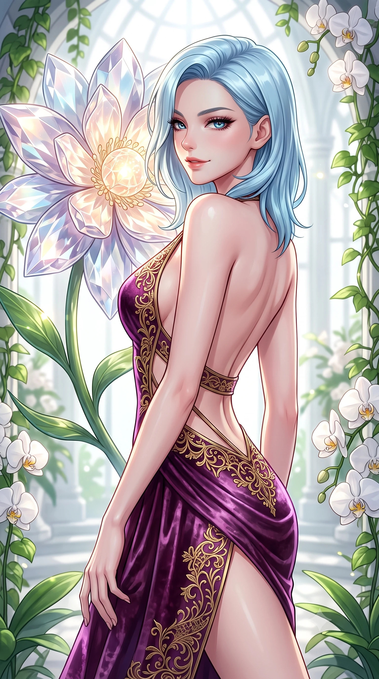 score_9, masterpiece, best quality, ultra-detailed, high-budget anime keyframe, editorial fashion photography, tasteful artistic composition, Korean woman. close-up cowboy shot from the waist and thighs up, the character dominates the composition, filling the frame with her large presence, background elements kept in soft focus. Glancing sidelong over her shoulder with a smoldering half-smile and heavy lashes resting near a giant solar-powered crystal flower emitting soft warm light, lush green vines and white orchids framing the bright architectural backdrop. She has an exceptionally elegant, slender, and willowy female figure with an ultra-slim waist, a gracefully sculpted slender torso, and a refined silhouette. sharp v-shaped jawline, high-bridge nose, intricate jewel-like eyes with depth, thick eyelashes, glossy lips with a natural sheen. wearing a backless crushed velvet gown with a deep V-neckline and high thigh slit in plum purple and gold filigree, crafted from lustrous satin jersey with fluid draping, featuring clean architectural cutouts along her slender torso, the sleek second-skin texture accentuating her magnetic presence. surrounded by a bright, airy ambiance with radiant white and green highlights. highly saturated vibrant anime colors, detailed shading with soft gradients, rich glossy textures, high-contrast stereoscopic depth, volumetric dynamic lighting, master piece, 9:16 ratio