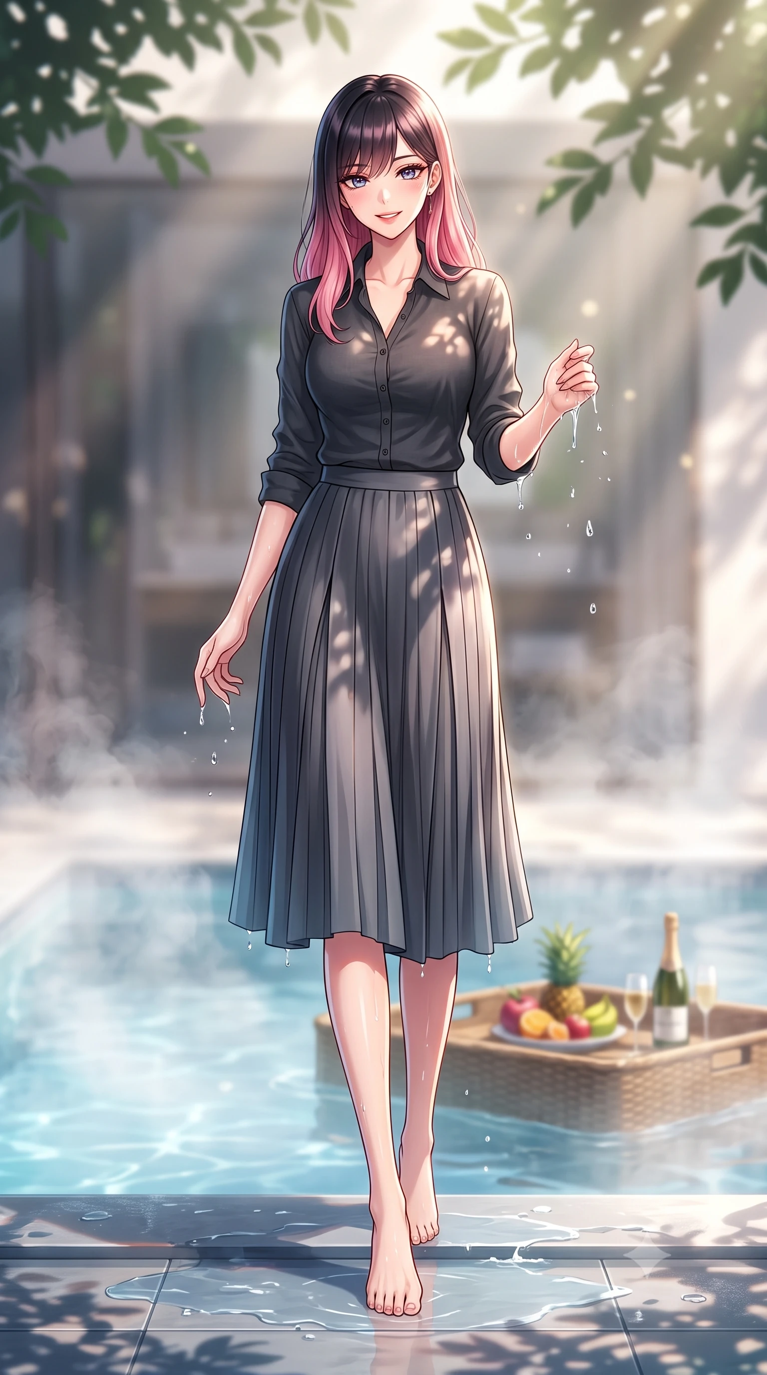 score_9, masterpiece, best quality, ultra-detailed, high-budget anime keyframe, editorial fashion photography, tasteful artistic composition, Korean woman. low angle full-body shot from head to toe showing her feet, filling the entire 9:16 vertical frame with her statuesque presence, stretching her vertical silhouette. stepping forward from the steamy pool edge, wiping away water droplets with a playful and sensual smile set against a soft-focus background of inside an exclusive vanity suite with a floating pool tray of tropical fruits and chilled wine in soft focus. She has an absolutely perfect, statuesque 8.5-heads proportion, an exceptionally tall and slender model-like female figure with impossibly long slender legs and an ultra-slim waist. sharp v-shaped jawline, high-bridge nose, intricate jewel-like eyes with depth, thick eyelashes, glossy lips with a natural sheen. wearing form-contouring charcoal soft linen casual linen button-down shirt paired with a flowy pleated midi skirt featuring refined tailored seams. highlighted by dappled sunlight filtering through leafy branches, creating soft organic patterns. highly saturated vibrant anime colors, detailed shading with soft gradients, rich glossy textures, high-contrast stereoscopic depth, volumetric dynamic lighting, master piece, 9:16 ratio