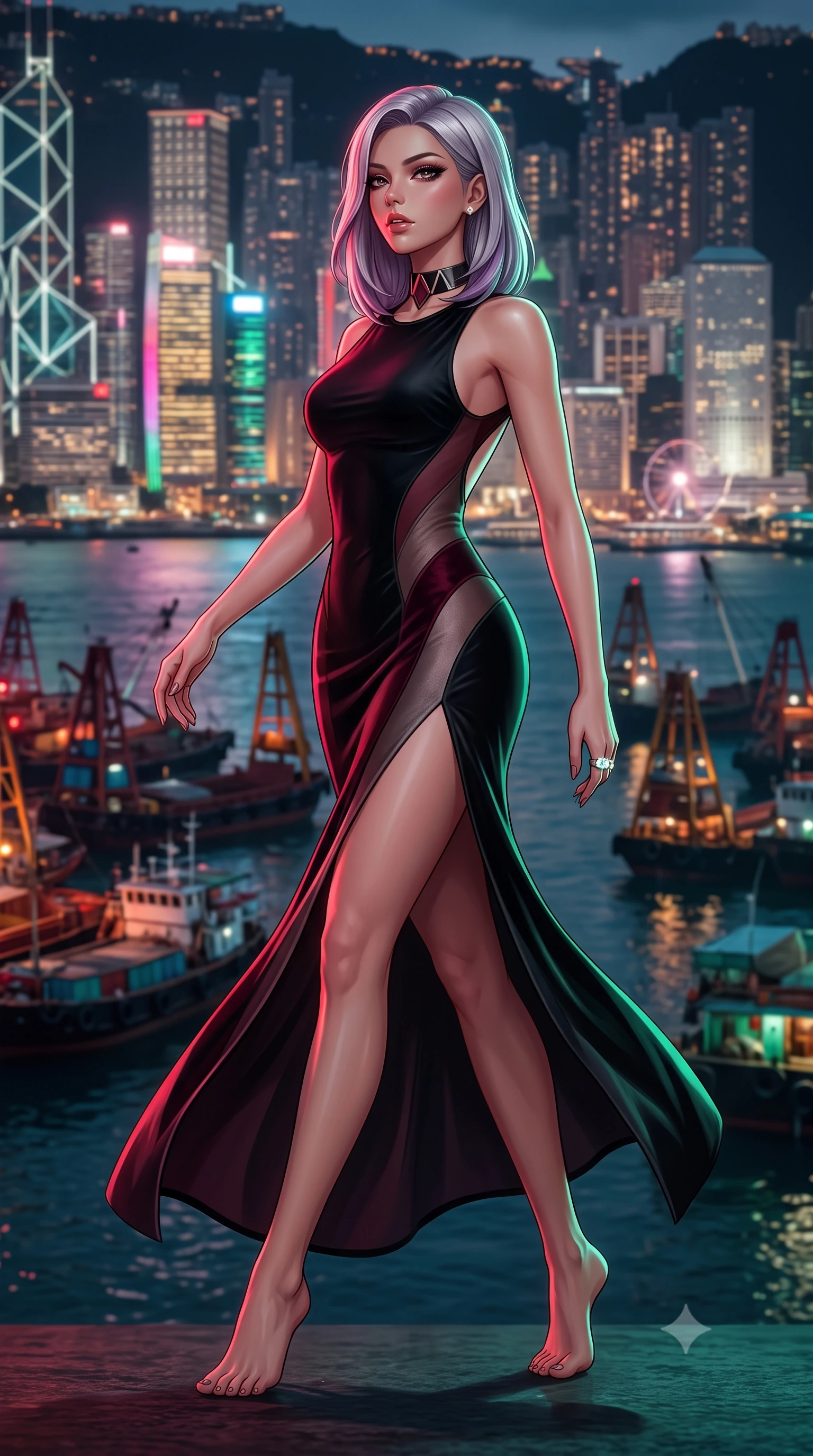 score_9, masterpiece, best quality, ultra-detailed, high-budget anime keyframe, semi-realistic 3D game render, editorial fashion photography, tasteful artistic composition, Caucasian woman. low angle full-body shot from head to toe showing her feet, filling the entire 9:16 vertical frame with her statuesque presence, stretching her vertical silhouette. striding forward in a proud supermodel runway stride, hips swaying in an alluring kinetic rhythm that accentuates her curvy hourglass silhouette while turning in an alluring contrapposto stance as her high-slit dress flutters in the sea breeze, gazing across the glittering high-density Kowloon skyline. The composition keeps background elements in soft focus with creamy bokeh. bobbing lantern barges and harbor water ripples softened in moody cyberpunk shallow focus. She has an exceptionally tall and slender model-like 8.5-heads proportion, an ultra-slim waist, a flat toned midriff, narrow delicate ribcage, and beautifully sculpted feminine hips creating a graceful, slim hourglass silhouette without any bulky heaviness, with impossibly long slender legs. sharp v-shaped jawline, high-bridge nose, intricate jewel-like eyes with depth, thick eyelashes, glossy parted lips with a natural sheen, intensely captivating and seductive bedroom-eyes expression, flawlessly proportioned anatomical accuracy, strict slender model proportions, natural body alignment, perfectly sculpted long slender limbs, ultra-slim waistline, clean dynamic posture without body distortion. wearing a second-skin black silk jersey maxi dress with asymmetrical sheer mesh side panels tracing the full curve of her hip in deep wine burgundy and brushed dark platinum, crafted from heavyweight crushed silk velvet with liquid vintage luster, complemented by a bold geometric choker and sparkling cocktail ring, the precision-cut side openings and low-back scoop framing her graceful spine and the sensual sweep of her slim, toned hips. bathed in vivid crimson and laser emerald neon edge lights contrasting with dark oceanic shadows. highly saturated vibrant anime colors, detailed shading with soft gradients, rich glossy textures, high-contrast stereoscopic depth, volumetric dynamic lighting, master piece, 9:16 ratio