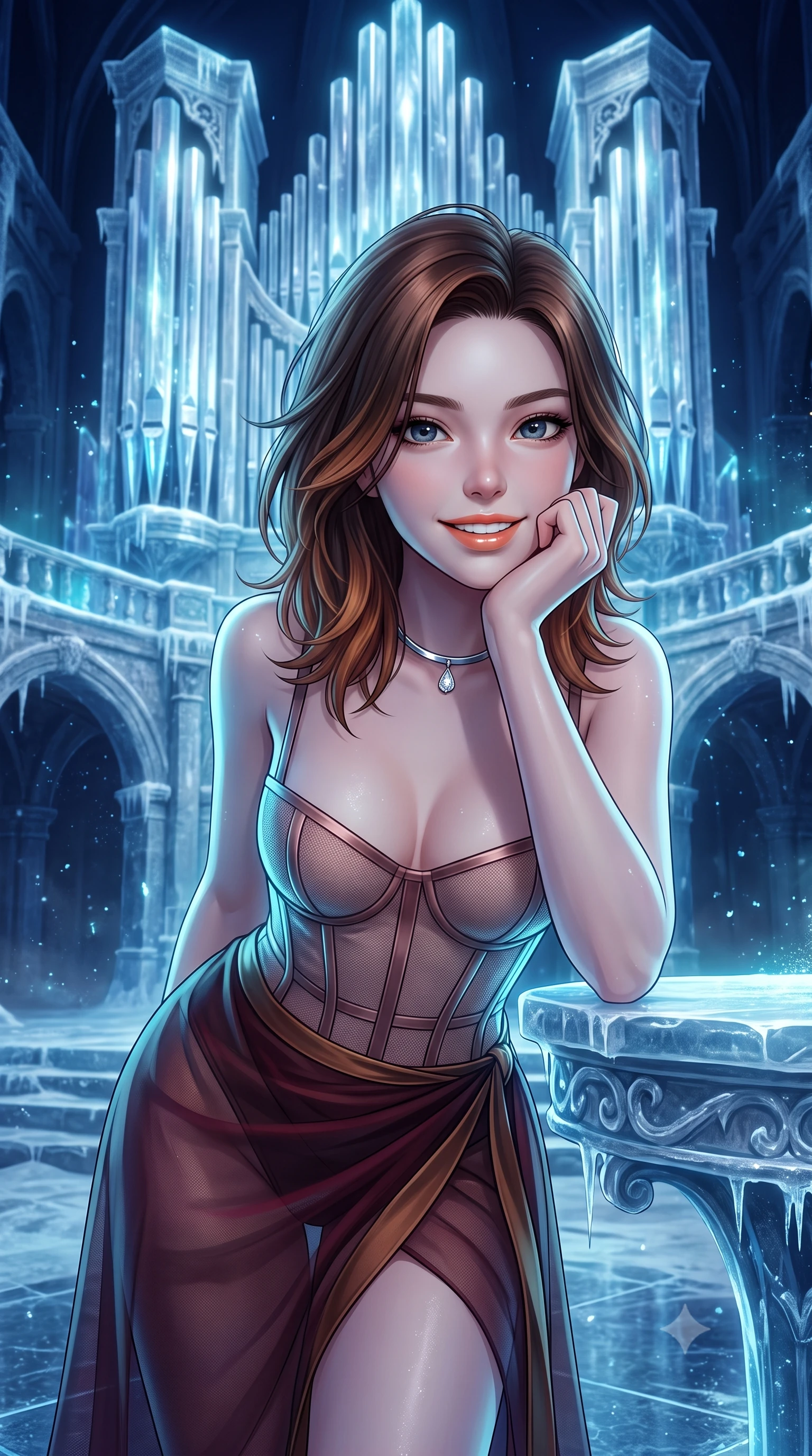 score_9, masterpiece, best quality, ultra-detailed, high-budget anime keyframe, semi-realistic 3D game render, editorial fashion photography, tasteful artistic composition, Korean woman. close-up cowboy shot from the waist and thighs up, the character dominates the composition, filling the frame with her large presence. resting one elbow on the table and supporting her chin, leaning close to the camera with heavy-lidded sparkling eyes and parted lips while standing poised at the center of the frozen cathedral stage beneath monumental ice-crystal pipe organs, arching her lower back with sovereign diva charisma as cyan neon aria lights pulse rhythmically. The surrounding environment is rendered in vivid detail and crisp panoramic clarity: detailed anime keyframe lines, rich fabric textures, and monumental frozen baroque architecture in razor-sharp precision. She has an exceptionally elegant, slender, and willowy female figure with an ultra-slim waist, flat toned midriff, narrow ribcage, and sculpted feminine hips creating an alluring, slim hourglass silhouette without bulk. sharp v-shaped jawline, high-bridge nose, intricate jewel-like sparkling eyes with depth, thick eyelashes, glossy parted lips with a natural peach sheen, bright cheerful beaming smile with an enchanting and coquettish sensual glint, exuding both youthful cute charm and seductive allure, flawlessly proportioned anatomical accuracy, strict slender model proportions, natural body alignment, perfectly sculpted long slender limbs, ultra-slim waistline, clean dynamic posture without body distortion. wearing a provocative translucent mesh corset bodice with boned satin channels paired with a sheer chiffon wrap skirt in deep burgundy and bronze accents, made of sheer gossamer chiffon that drapes softly against skin with airy translucence, finished with a minimalist chrome choker and a single teardrop diamond pendant, the liquid-tight tailored fabric clinging flawlessly to her narrow waist and rounded feminine hips, emphasizing every millimeter of her sculpted slim hourglass curves without any bulky heaviness. bathed in high-contrast cyan neon aria pulses contrasted with deep velvety indigo stage shadows. highly saturated vibrant anime colors, detailed shading with soft gradients, rich glossy textures, high-contrast stereoscopic depth, volumetric dynamic lighting, master piece, 9:16 ratio