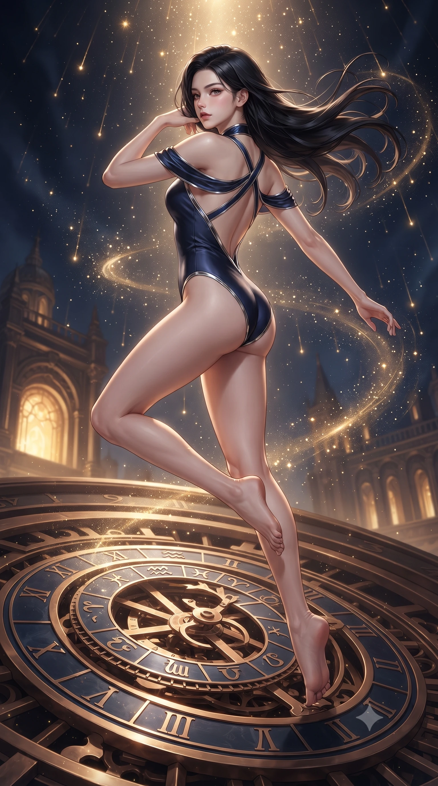 score_9, masterpiece, best quality, ultra-detailed, high-budget anime keyframe, editorial fashion photography, tasteful artistic composition, Korean woman. low angle full-body shot from head to toe showing her feet, filling the entire 9:16 vertical frame with her statuesque presence, stretching her vertical silhouette. performing an athletic mid-air rotation with flawless poise, her vertical silhouette beautifully stretched while pivoting dynamically on a revolving bronze zodiac dial surrounded by comet dust streams, starlight particles falling like a golden shower around her dynamic silhouette. She has an absolutely perfect, statuesque 8.5-heads proportion, an exceptionally tall and slender model-like female figure with impossibly long slender legs and an ultra-slim waist. sharp v-shaped jawline, high-bridge nose, intricate jewel-like eyes with depth, thick eyelashes, glossy lips with a natural sheen, flawlessly proportioned anatomical accuracy, natural body alignment, perfectly sculpted elegant limbs, clean dynamic posture without body distortion. wearing an asymmetrical high-cut tech-bodysuit with detached sleeves in midnight navy blue and chrome trim, crafted from smooth liquid silk, complemented by criss-cross back straps highlighting her bare shoulders, the elegant draped fit framing her graceful clavicle and slender torso. bathed in brilliant starlight and warm golden inner glow from the clockwork citadel. ultra-reflective glossy finish, specular highlights, metallic sheen, high-contrast stereoscopic depth, volumetric dynamic lighting, 2k, ultra detail, master piece, 9:16 ratio