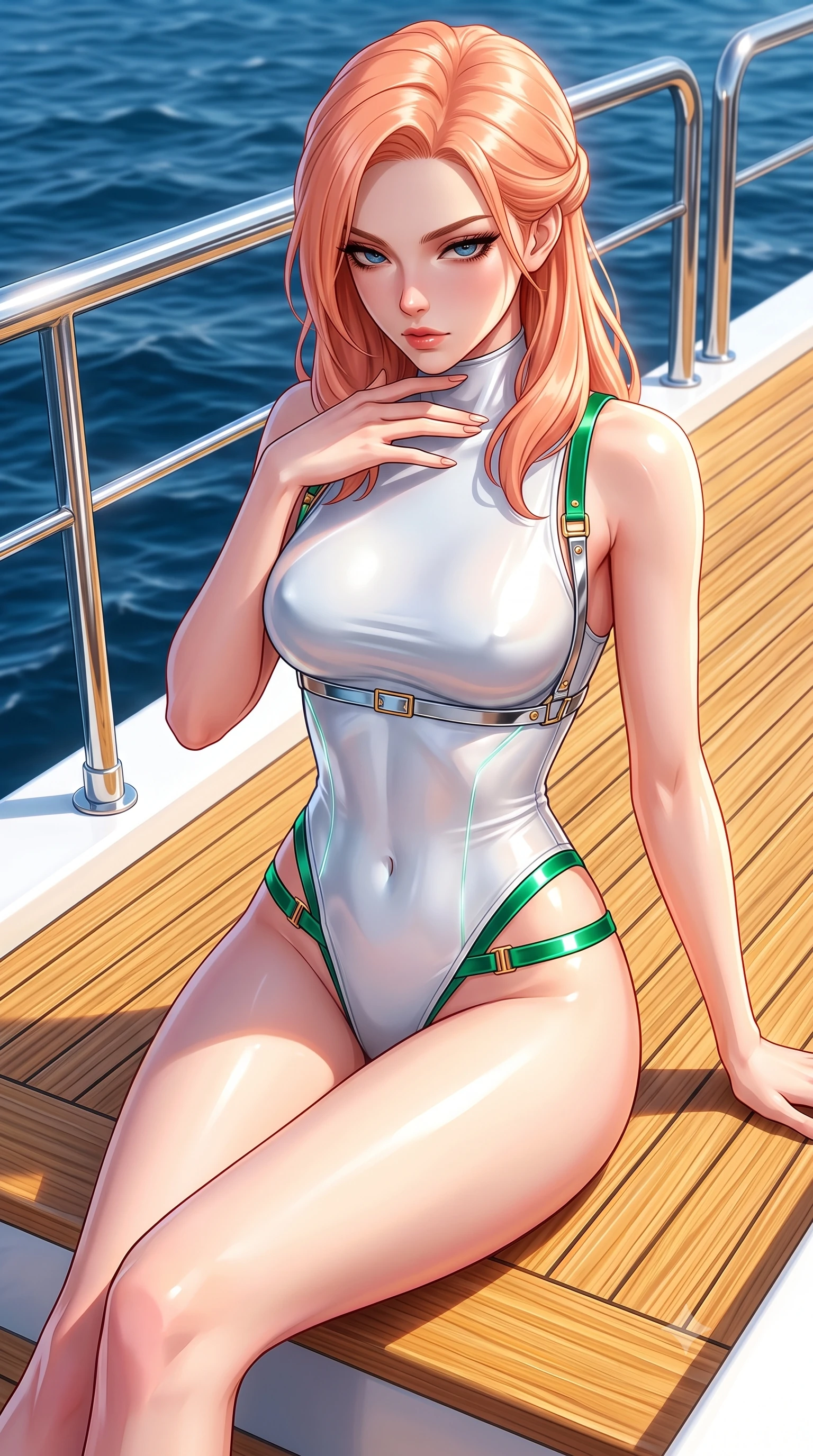 score_9, masterpiece, best quality, ultra-detailed, high-budget anime keyframe, semi-realistic 3D game render, editorial fashion photography, tasteful artistic composition, Japanese woman. close-up cowboy shot from the waist and thighs up, the character dominates the composition, filling the frame with her large presence. resting her fingers lightly against her throat while looking down with a smoldering, haughty yet intensely captivating glance while stretching her impossibly long slender legs along the sunlit teak deck with effortless supermodel poise. The surrounding environment is rendered in vivid detail and crisp panoramic clarity. crisp golden teak deck wood grain, polished chrome yacht railings, and deep blue sea waves in deep focus. She has an exceptionally elegant, slender, and willowy female figure with an ultra-slim waist, a gracefully sculpted slender torso, toned flat midriff, and a refined slim silhouette. sharp v-shaped jawline, high-bridge nose, intricate jewel-like eyes with depth, thick eyelashes, glossy lips with a natural sheen, flawlessly proportioned anatomical accuracy, strict slender model proportions, natural body alignment, perfectly sculpted long slender limbs, ultra-slim waistline, clean dynamic posture without body distortion. wearing a second-skin white liquid-mercury micro-bodysuit sculpted tightly to her slender build, featuring razor-thin metallic straps and hip cutouts in bright emerald green satin and gold hardware, made of liquid metal jersey that clings flawlessly to every contour of her build, reinforced by a sleek metallic chrome harness and delicate glowing micro-straps, the liquid-tight tailored fabric emphasizing every curve of her tall, slender model proportions and sculptured silhouette during dynamic movement. illuminated by intense white fill light and crisp specular highlights tracing her slender curves. highly saturated vibrant anime colors, detailed shading with soft gradients, rich glossy textures, high-contrast stereoscopic depth, volumetric dynamic lighting, master piece, 9:16 ratio