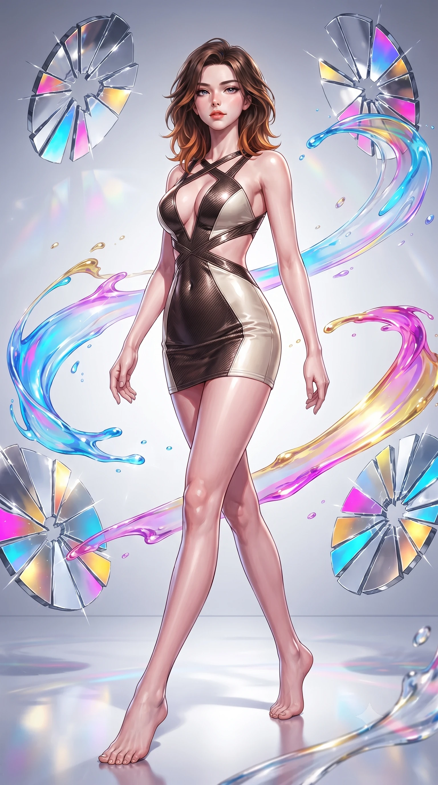 score_9, masterpiece, best quality, ultra-detailed, high-budget anime keyframe, editorial fashion photography, tasteful artistic composition, Korean woman. low angle full-body shot from head to toe showing her feet, filling the entire 9:16 vertical frame with her statuesque presence, stretching her vertical silhouette. navigating the luminous space with effortless poise, displaying her perfect model proportions surrounded by rotating shattered mirror sculptures reflecting bright acrylic colors, translucent liquid acrylic trails creating dynamic motion paths. She has an absolutely perfect, statuesque 8.5-heads proportion, an exceptionally tall and slender model-like female figure with impossibly long slender legs and an ultra-slim waist. sharp v-shaped jawline, high-bridge nose, intricate jewel-like eyes with depth, thick eyelashes, glossy lips with a natural sheen. wearing a liquid mercury gloss mini dress with ultra-deep V-neck and waist cutouts in espresso brown and warm cream, made of fine carbon-fiber weave and soft matte leather, complemented by criss-cross back straps highlighting her bare shoulders, the sleek second-skin texture accentuating her magnetic presence. bathed in high-contrast vibrant studio lighting with sharp specular highlights. highly saturated vibrant anime colors, detailed shading with soft gradients, rich glossy textures, high-contrast stereoscopic depth, volumetric dynamic lighting, master piece, 9:16 ratio