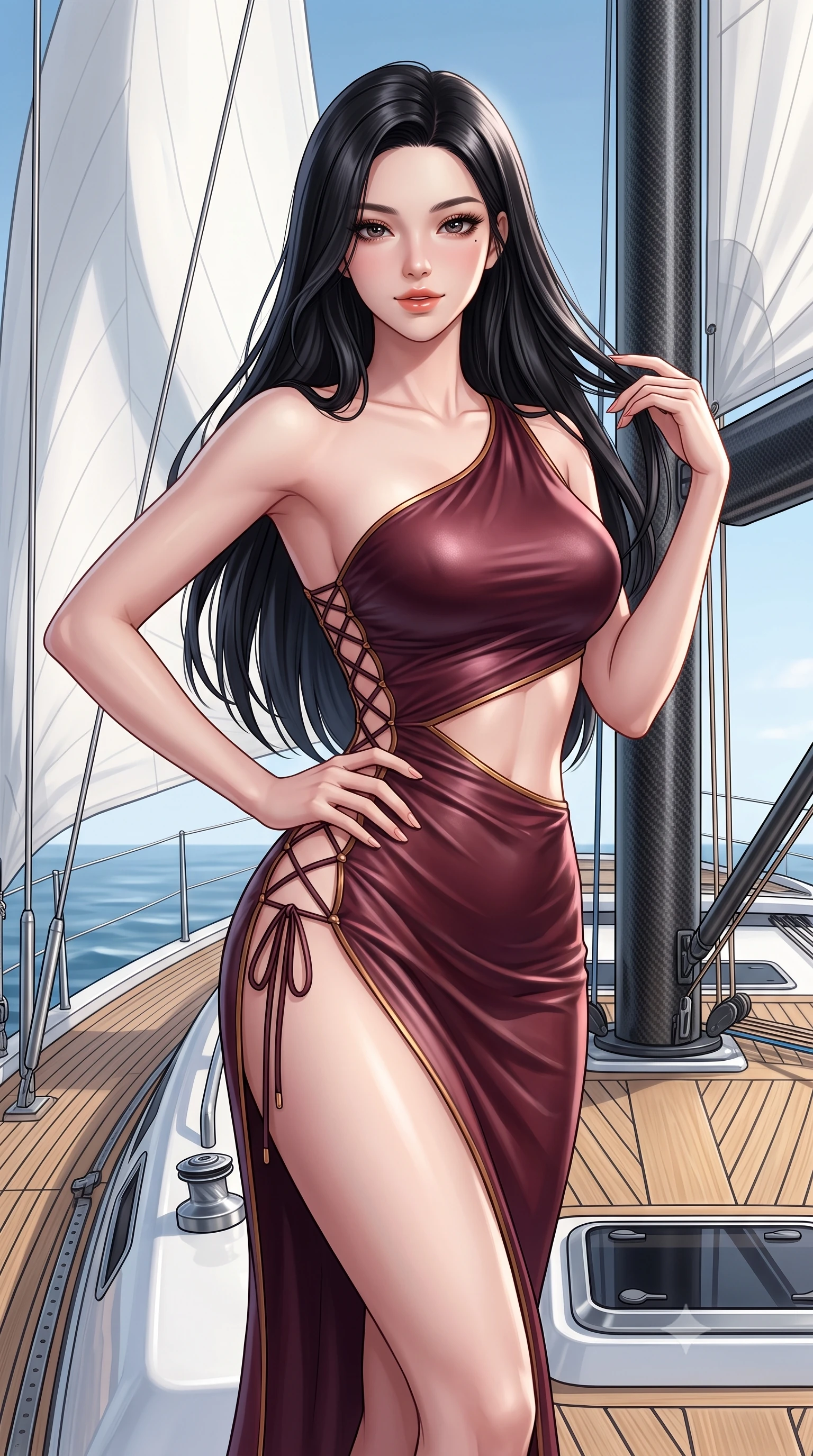 score_9, masterpiece, best quality, ultra-detailed, high-budget anime keyframe, semi-realistic 3D game render, editorial fashion photography, tasteful artistic composition, Korean woman. close-up cowboy shot from the waist and thighs up, the character dominates the composition, filling the frame with her large presence. twisting her slender torso in an alluring contrapposto stance, one hand resting on her sculpted hip while her fingers toy with her hair with effortless poise while twisting her slender torso in an alluring S-curve, billowing white spinnaker sail casting soft shadow gradients across her curves. The surrounding environment is rendered in vivid detail and crisp panoramic clarity: sharp teak caulking seams, carbon-fiber mast weave, and polished titanium deck hardware in deep focus. She has an exceptionally elegant, slender, and willowy female figure with an ultra-slim waist, flat toned midriff, narrow ribcage, and sculpted feminine hips creating an alluring, slim hourglass silhouette without bulk. sharp v-shaped jawline, high-bridge nose, sparkling eyes with hypnotic seductive depth, thick curled eyelashes, glossy parted lips with a natural dewy peach sheen, alluring bedroom-eyes with an enchanting coquettish smile, exuding magnetic siren charisma and sophisticated glamour, flawlessly proportioned anatomical accuracy, strict slender model proportions, natural body alignment, perfectly sculpted long slender limbs, ultra-slim waistline, clean dynamic posture without body distortion. wearing an asymmetric one-shoulder liquid jersey resort gown with dramatic hip-high slit and waist cutout in smoky bordeaux wine and gilded copper, woven from buttery-soft stretch lambskin leather adhering to her body like a second skin, featuring fine criss-cross lace-up side ties revealing tantalizing glimpses of her hip curve, the precision-cut side openings and low-back scoop framing her graceful spine and the sensual sweep of her slim, toned hips. illuminated by sea spray bounce and sharp platinum rim lights defining her delicate clavicles, ultra-slim waist, and curvy hips. highly saturated vibrant anime colors, detailed shading with soft gradients, rich glossy textures, high-contrast stereoscopic depth, volumetric dynamic lighting, master piece, 9:16 ratio