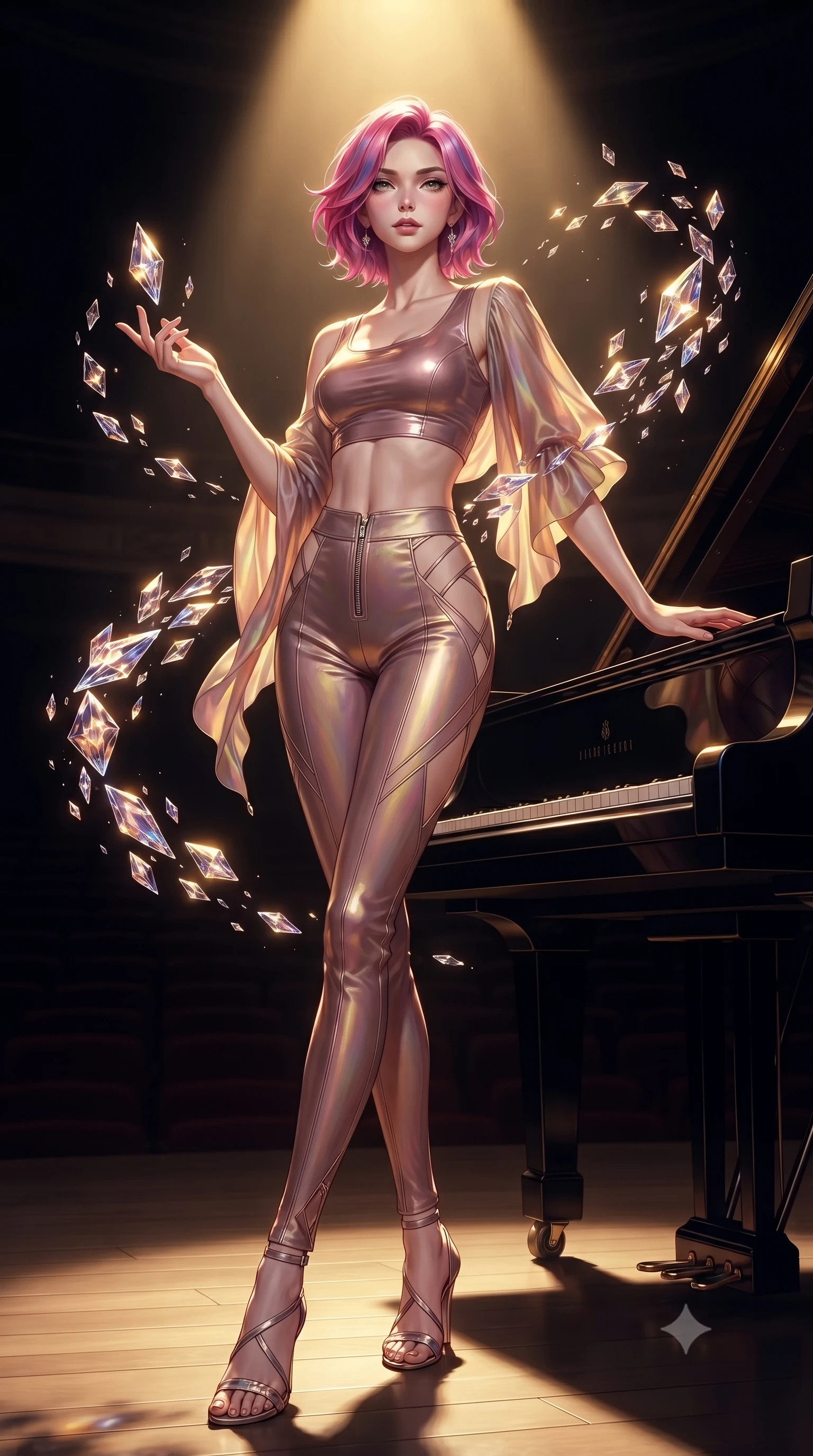 score_9, masterpiece, best quality, ultra-detailed, high-budget anime keyframe, editorial fashion photography, tasteful artistic composition, Caucasian woman. low angle full-body shot from head to toe showing her feet, filling the entire 9:16 vertical frame with her statuesque presence, stretching her vertical silhouette. interacting gracefully with the magical floating elements while maintaining a confident posture resting against the open lid of a grand piano as golden stage light traces her form, dramatic chiaroscuro lighting isolating her form in a dark auditorium. She has an absolutely perfect, statuesque 8.5-heads proportion, an exceptionally tall and slender model-like female figure with impossibly long slender legs and an ultra-slim waist. sharp v-shaped jawline, high-bridge nose, intricate jewel-like eyes with depth, thick eyelashes, glossy lips with a natural sheen. wearing a glossy vinyl crop top and high-waist tailored leggings with sleek zippers in dusty rose and champagne gold, crafted from iridescent chiffon that shifts colors in the light, featuring subtle geometric cutouts that highlight her ultra-slim midriff, the form-contouring material highlighting her ultra-slim waist and long lines. bathed in a single dramatic golden spotlight with rich chiaroscuro shadows. highly saturated vibrant anime colors, detailed shading with soft gradients, rich glossy textures, high-contrast stereoscopic depth, volumetric dynamic lighting, master piece, 9:16 ratio
