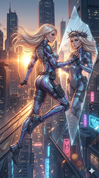score_9, masterpiece, best quality, ultra-detailed, photorealistic 8k CG, hyper-detailed textures, ray-tracing, Caucasian (strictly human ears) woman. Mid-air action shot capturing a graceful twist and vertical silhouette. looking at a reflection of 