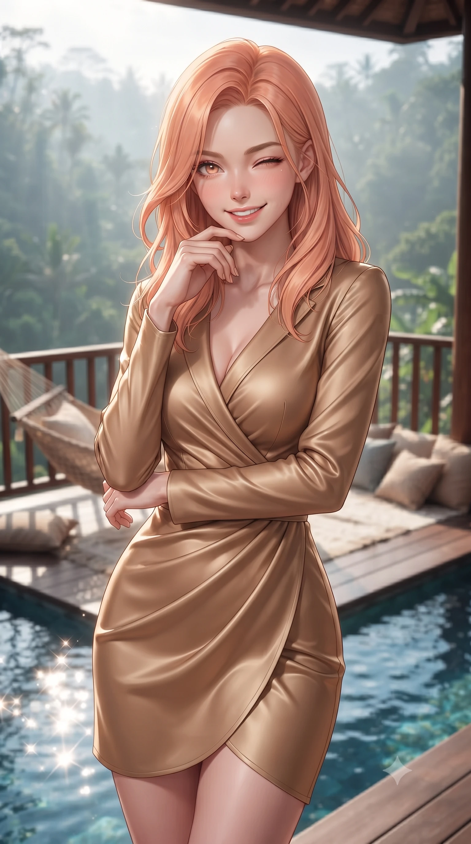 score_9, masterpiece, best quality, ultra-detailed, high-budget anime keyframe, editorial fashion photography, tasteful artistic composition, Japanese woman. close-up cowboy shot from the waist and thighs up, the character dominates the composition, filling the frame with her large presence, background elements kept in soft focus. smiling brightly with a cheerful expression, winking playfully at the viewer set against a soft-focus background of on a scenic resort balcony overlooking a misty valley of tropical forest with a cozy woven hammock and soft cushions arranged on the wooden deck. She has an exceptionally elegant, slender, and willowy female figure with an ultra-slim waist, a gracefully sculpted slender torso, and a refined silhouette. sharp v-shaped jawline, high-bridge nose, intricate jewel-like eyes with depth, thick eyelashes, glossy lips with a natural sheen. wearing tailored form-contouring silk wrap dress in camel, outlining her slender waist. fresh morning sun rays creating sparkling glints on the blue pool water. ultra-reflective glossy finish, specular highlights, metallic sheen, high-contrast stereoscopic depth, volumetric dynamic lighting, 2k, ultra detail, master piece, 9:16 ratio