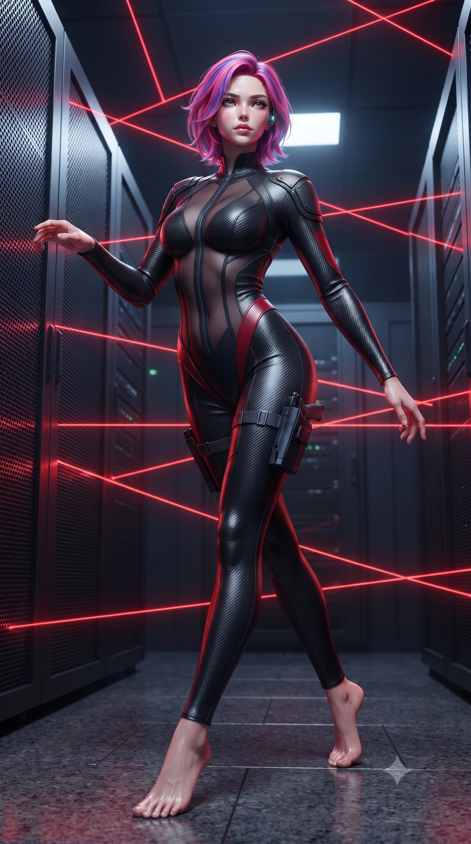 score_9, masterpiece, best quality, ultra-detailed, high-budget anime keyframe, editorial fashion photography, tasteful artistic composition, Caucasian woman. low angle full-body shot from head to toe showing her feet, filling the entire 9:16 vertical frame with her statuesque presence, stretching her vertical silhouette. stepping forward gracefully in mid-motion, displaying her toned flat midriff and flawlessly sculpted slender limbs while navigating a high-security mainframe server vault, contorting her slender athletic body in a flawless gymnastic evasion beneath glowing red laser grids. The surrounding environment is rendered in vivid detail and crisp panoramic clarity. sharp laser beam focus points, brushed dark titanium server rack grilles, and granite floor reflections in deep focus. She has an absolutely perfect, statuesque 8.5-heads proportion, an exceptionally tall and slender model-like female figure with impossibly long slender legs, a toned flat midriff, and an ultra-slim waist. sharp v-shaped jawline, high-bridge nose, intricate jewel-like eyes with depth, thick eyelashes, glossy lips with a natural sheen, captivating and magnetic expression, flawlessly proportioned anatomical accuracy, strict slender model proportions, natural body alignment, perfectly sculpted long slender limbs, ultra-slim waistline, clean dynamic posture without body distortion. wearing a high-mobility tactical jumpsuit featuring sheer contouring mesh panels and reinforced shoulders in matte graphite and blood-crimson accents, made of ultra-strong woven carbon-fiber composite with satin luster, equipped with a minimalist titanium leg holster and smart holographic earpiece, the form-contouring material adhering flawlessly to her sculpted flat midriff and slender torso, emphasizing her long leg lines and perfectly proportioned willowy build. surrounded by a deadly, sophisticated, and irresistibly alluring secret agent femme fatale aura. ultra-reflective glossy finish, specular highlights, rich textural contrasts, high-contrast stereoscopic depth, volumetric dynamic lighting, 2k, ultra detail, master piece, 9:16 ratio