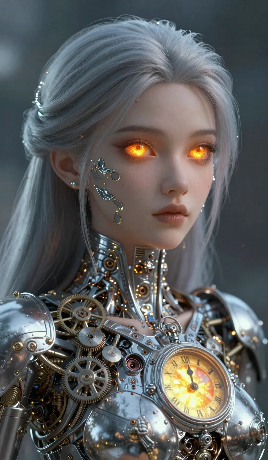 (masterpiece:1.2), best quality, highres, (1girl:1.3), gorgeous female android, glowing amber eyes, (silver clockwork mechanisms visible:1.2), sci-fi beauty, 2k, ultra detail, 9:16 ratio