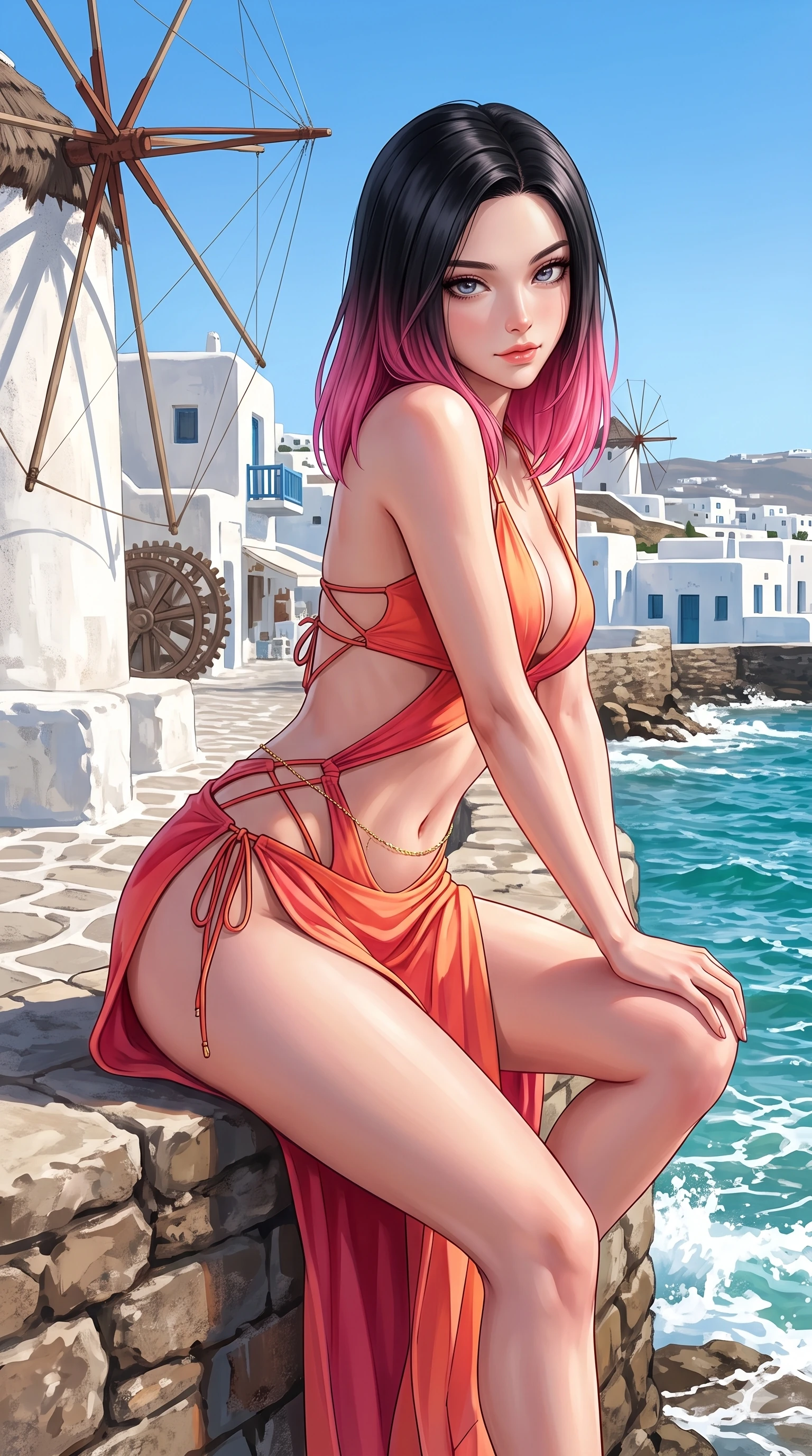 score_9, masterpiece, best quality, ultra-detailed, high-budget anime keyframe, semi-realistic 3D game render, editorial fashion photography, tasteful artistic composition, Korean woman. close-up cowboy shot from the waist and thighs up, the character dominates the composition, filling the frame with her large presence. leaning forward while arching her lower back to accentuate her curvy hips, looking into the camera with an intoxicating smoldering gaze and bedroom-eyes while perched sideways on the rustic stone wall overlooking Little Venice, one knee drawn up to showcase her slender leg line while her arched back accentuates her feminine curves. The surrounding environment is rendered in vivid detail and crisp panoramic clarity: sharp stucco whitewash wall texture, rustic wooden windmill gear wheels, and turquoise sea foam clarity in deep focus. She has an exceptionally elegant, slender, and willowy female figure with an ultra-slim waist, flat toned midriff, narrow ribcage, and sculpted feminine hips creating an alluring, slim hourglass silhouette without bulk. sharp v-shaped jawline, high-bridge nose, sparkling eyes with hypnotic seductive depth, thick curled eyelashes, glossy parted lips with a natural dewy peach sheen, alluring bedroom-eyes with an enchanting coquettish smile, exuding magnetic siren charisma and sophisticated glamour, flawlessly proportioned anatomical accuracy, strict slender model proportions, natural body alignment, perfectly sculpted long slender limbs, ultra-slim waistline, clean dynamic posture without body distortion. wearing a low-slung cutaway leather bikini bodysuit with bare hip flanks and criss-cross cord ties in blazing sunset peach and deep coral crimson, made of fluid liquid jersey with seamless sculpting hold and smooth contours, accented with a dainty gold belly chain resting across her flat midriff and curving hips, the high-slit wrap tailoring accentuating her ultra-slim waistline and the enchanting curve of her feminine hips with alluring seductive charm. bathed in the blinding, high-key Aegean daylight reflecting brilliantly off chalk-white stucco walls with crisp azure sky contrast. highly saturated vibrant anime colors, detailed shading with soft gradients, rich glossy textures, high-contrast stereoscopic depth, volumetric dynamic lighting, master piece, 9:16 ratio