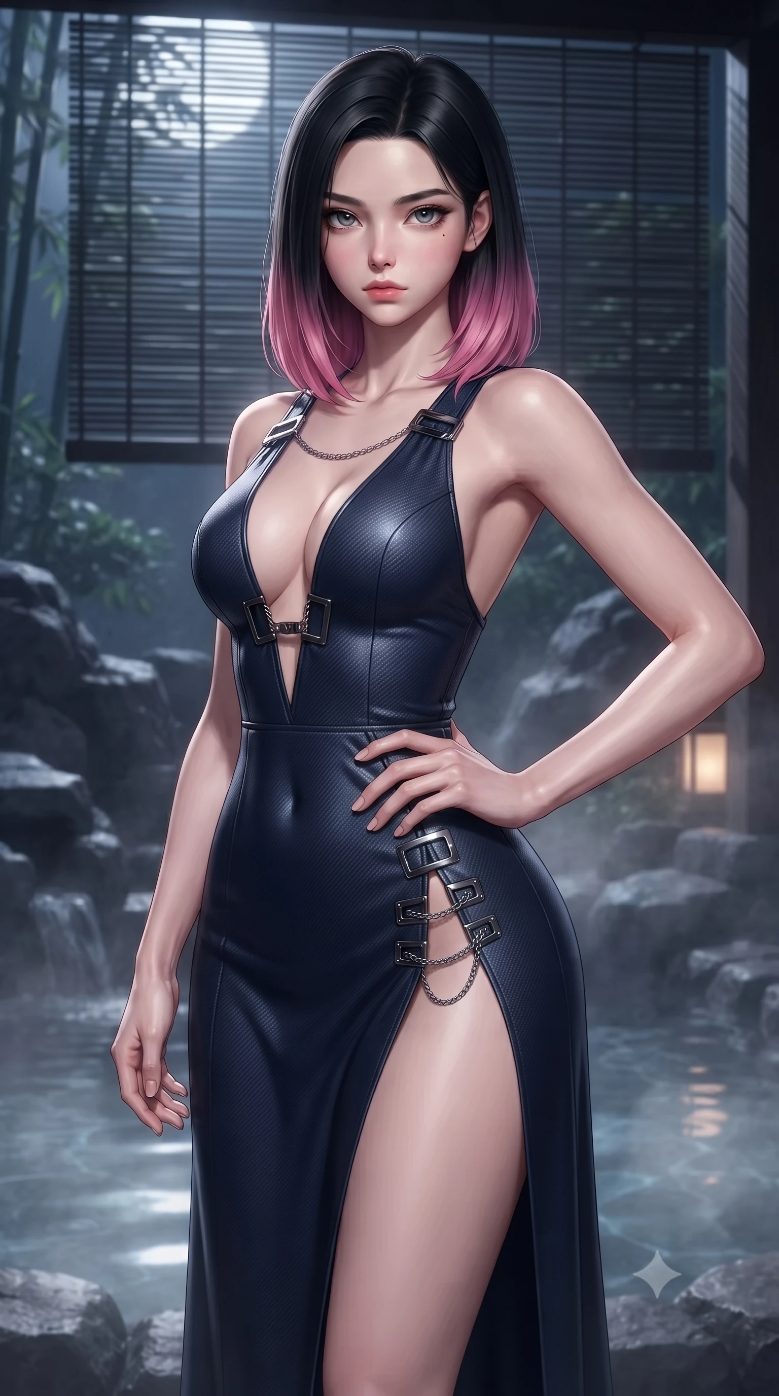 score_9, masterpiece, best quality, ultra-detailed, high-budget anime keyframe, editorial fashion photography, tasteful artistic composition, Korean woman. close-up cowboy shot from the waist and thighs up, the character dominates the composition, filling the frame with her large presence, background elements kept in soft focus. Holding a confident power pose with one hand on her hip, standing beside a private outdoor thermal onsen surrounded by volcanic basalt rocks, dark bamboo screen filtering soft silver moonlight into delicate shadow stripes. She has an exceptionally elegant, slender, and willowy female figure with an ultra-slim waist, a gracefully sculpted slender torso, and a refined silhouette. sharp v-shaped jawline, high-bridge nose, intricate jewel-like eyes with depth, thick eyelashes, glossy lips with a natural sheen. wearing deep plunging V-neckline midnight gown with daring high thigh slit in midnight navy blue, made of matte carbon-fiber weave, framed by dark titanium buckles and silver chain details, accentuating her gracefully sculpted slender torso. bathed in soft thermal steam rays creating ethereal gradient shading. ultra-reflective glossy finish, specular highlights, metallic sheen, high-contrast stereoscopic depth, volumetric dynamic lighting, 2k, ultra detail, master piece, 9:16 ratio