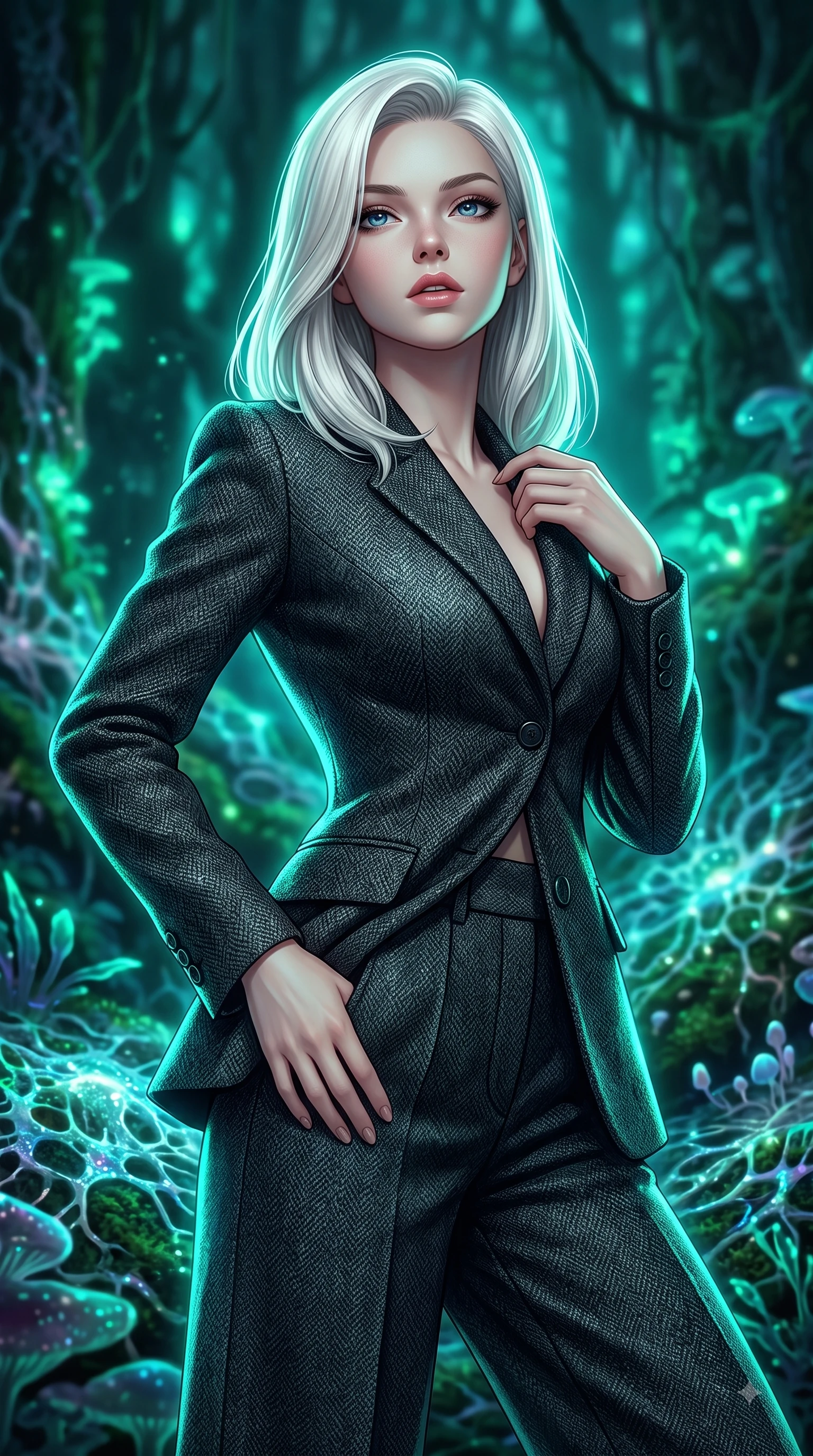 score_9, masterpiece, best quality, ultra-detailed, high-budget anime keyframe, editorial fashion photography, tasteful artistic composition, Caucasian woman woman. close-up cowboy shot from the waist and thighs up, the character dominates the composition, filling the frame with her large presence, background elements kept in soft focus. She has an exceptionally elegant, slender, and willowy female figure with an ultra-slim waist, a gracefully sculpted slender torso, and a refined silhouette. tilting her chin up slightly with lips parted in a composed and alluring expression, flawlessly proportioned anatomical accuracy, natural body alignment, perfectly sculpted elegant limbs, clean dynamic posture without body distortion. set against a soft-focus background of an ancient rainforest with pulsing opal fungal mycelium networks. wearing a tailored charcoal tweed suit jacket with high-waisted wide trousers. bathed in cool emerald and cyan bioluminescent organic glow wrapping her silhouette. highly saturated vibrant anime colors, detailed shading with soft gradients, rich glossy textures, high-contrast stereoscopic depth, volumetric dynamic lighting, master piece, 9:16 ratio
