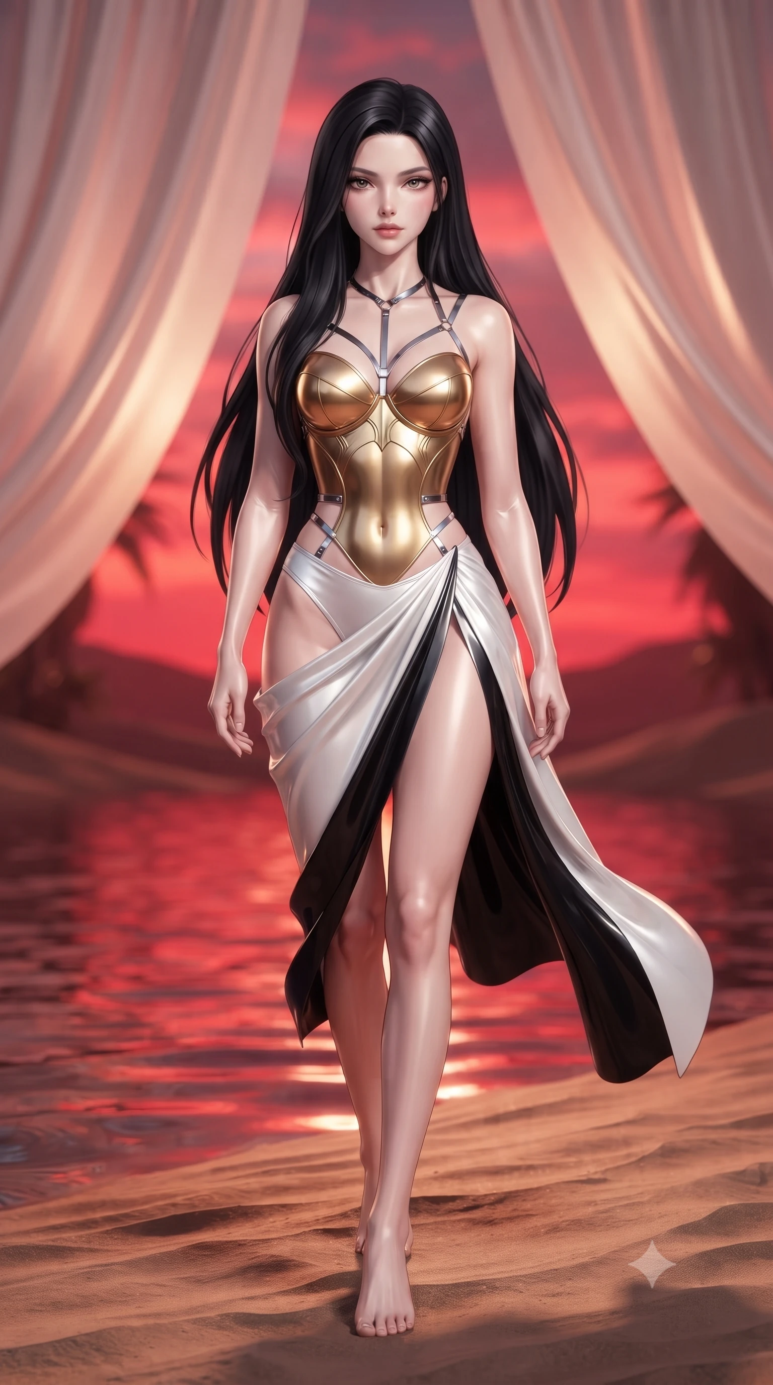 score_9, masterpiece, best quality, ultra-detailed, high-budget anime keyframe, editorial fashion photography, tasteful artistic composition, Korean woman. low angle full-body shot from head to toe showing her feet, filling the entire 9:16 vertical frame with her statuesque presence, stretching her vertical silhouette. striding forward in a proud, statuesque motion with a dangerous smolder, her vertical silhouette dominating the frame from head to toe while standing with sovereign poise on a wind-swept sand ridge as crimson sunset light paints the rippling oasis water. The composition keeps background elements in soft focus with creamy bokeh. luxurious silk canopy drapes and reflecting oasis waters softened in dreamy shallow focus. She has an absolutely perfect, statuesque 8.5-heads proportion, an exceptionally tall and slender model-like female figure with impossibly long slender legs, a toned flat midriff, and an ultra-slim waist. sharp v-shaped jawline, high-bridge nose, intricate jewel-like eyes with depth, thick eyelashes, glossy lips with a natural sheen, flawlessly proportioned anatomical accuracy, strict slender model proportions, natural body alignment, perfectly sculpted long slender limbs, ultra-slim waistline, clean dynamic posture without body distortion. wearing a sculpted golden breastplate bodice paired with high-cut white satin briefs and a fluid draped side skirt in high-gloss monochrome white and sharp black contrast, crafted from ultra-reflective second-skin latex with a high-gloss glass-like polish, reinforced by a sleek metallic chrome harness and delicate glowing micro-straps, the glove-like aerodynamic second-skin fit tightly clinging to her ultra-slender waist and athletic curves without adding bulk, accentuating her razor-sharp statuesque lines and slim hourglass silhouette. surrounded by an exotic, romantic, and intensely magnetic royal oasis luxury aura. ultra-reflective glossy finish, specular highlights, metallic sheen, high-contrast stereoscopic depth, volumetric dynamic lighting, 2k, ultra detail, master piece, 9:16 ratio