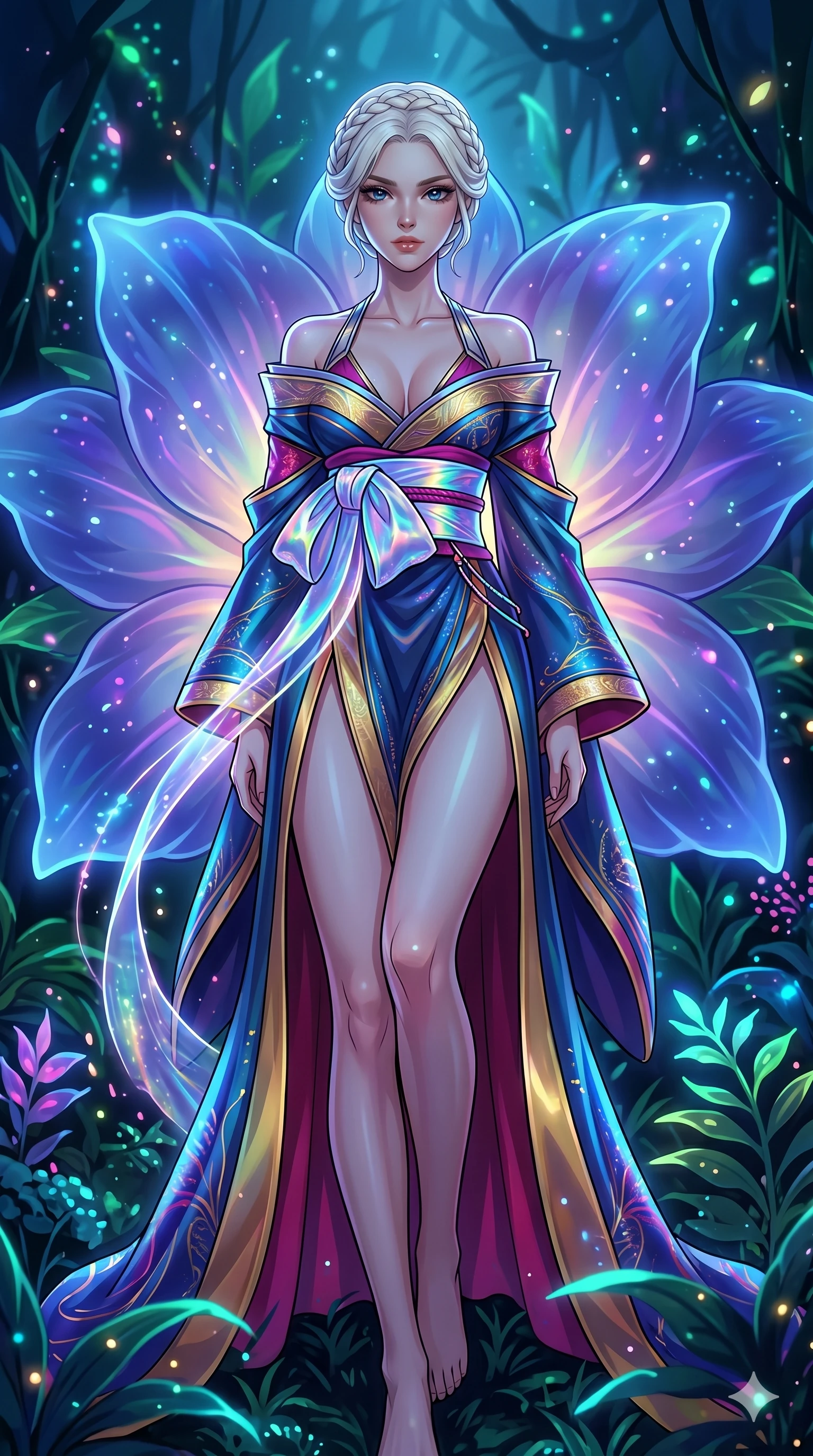 score_9, masterpiece, best quality, ultra-detailed, High-budget Anime Keyframe, vibrant colors, fluid line-art, expressive lighting, cinematic composition, Ufotable-style visual effects, top-tier animation quality, Caucasian woman with pale skin and refined features. Low angle cowboy shot filling the entire 9:16 frame with her statuesque presence, looking up to emphasize her height. Resting against a giant glowing flower that emits a soft, pulse-like light. She has an absolutely perfect 8-heads proportion, an exceptionally tall and slender female figure with impossibly long slender legs and an ultra-slim waist, her statuesque height and towering silhouette dominating the vertical 9:16 frame. Her face is a masterpiece featuring a sharp v-shaped jawline, high-bridge nose, intricate jewel-like eyes with depth, thick eyelashes, and glossy lips with a natural sheen. She is wearing a High-slit tech-kimono with a holographic obi and deep-plunging silk hanbok-fusion with metallic straps.. The scene is set in a bioluminescent jungle where every leaf and flower glows with a unique frequency. 2k, ultra detail, master piece, 9:16 ratio