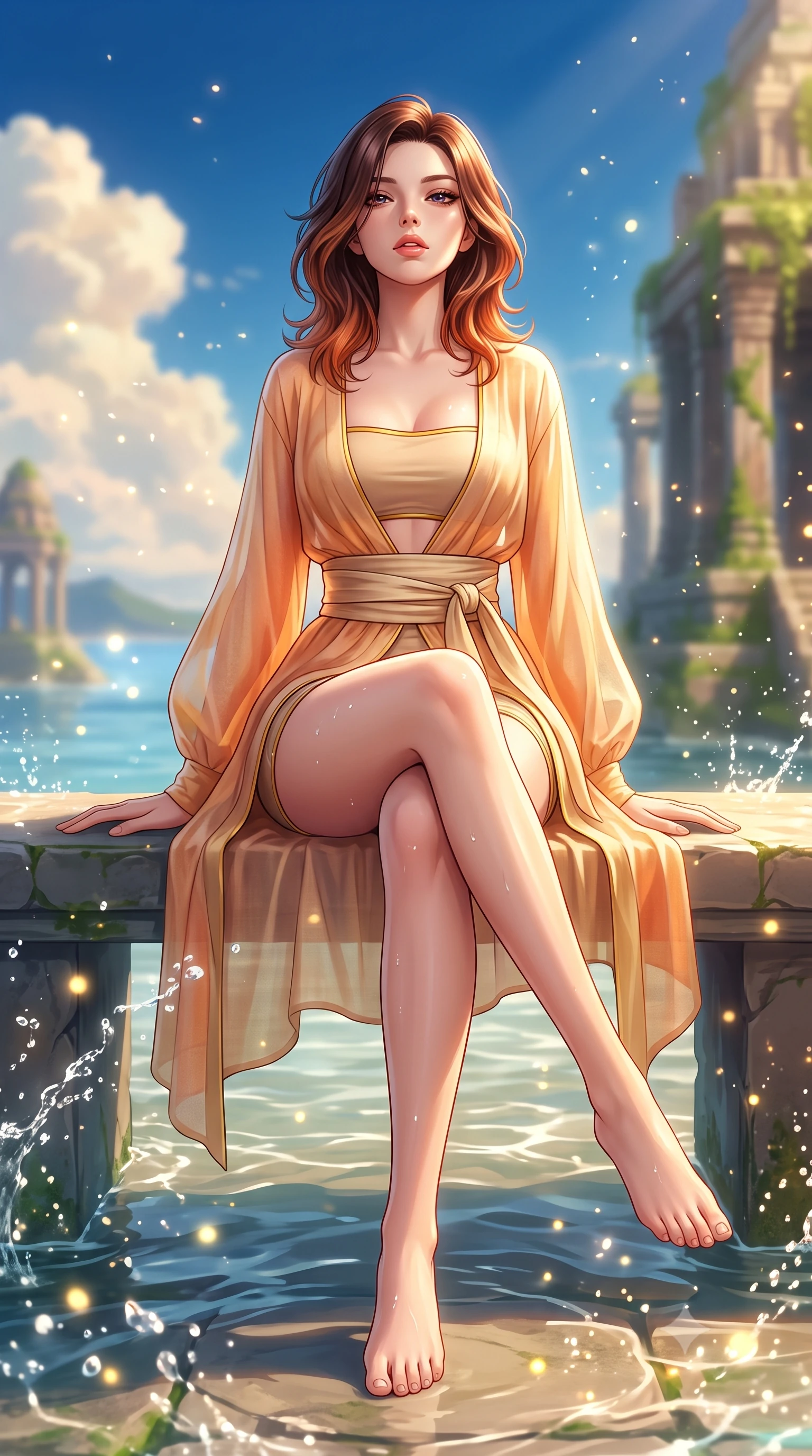 score_9, masterpiece, best quality, ultra-detailed, high-budget anime keyframe, semi-realistic 3D game render, editorial fashion photography, tasteful artistic composition, Korean woman. low angle full-body shot from head to toe showing her feet, filling the entire 9:16 vertical frame with her statuesque presence, stretching her vertical silhouette. sitting poised on the elevated edge with legs crossed and extended, her tall 8.5-heads proportions dominating the scene with effortless poise while resting on a submerged stone bench as warm water caresses her waist, head tilted back toward the open azure sky. The composition keeps background elements in soft focus with creamy bokeh. sparkling water splash caustics and floating pollen scattering luminous glowing light motes. She has an absolutely perfect, statuesque 8.5-heads proportion, an exceptionally tall and slender model-like female figure with impossibly long slender legs, a toned flat midriff, and an ultra-slim waist. sharp v-shaped jawline, high-bridge nose, intricate jewel-like eyes with depth, thick eyelashes, glossy parted lips with a natural sheen, intensely captivating and seductive expression, flawlessly proportioned anatomical accuracy, strict slender model proportions, natural body alignment, perfectly sculpted long slender limbs, ultra-slim waistline, clean dynamic posture without body distortion. wearing a breezy semi-sheer linen coverup worn over a form-contouring gold-piped bandeau and micro-shorts in warm apricot and glowing solar champagne, made of liquid bamboo jersey adhering seamlessly to her slender frame, accented with a wide sash belt cinching her impossibly narrow waist, the breezy yet form-flattering drape swaying gracefully with her steps, accentuating her long willowy limbs and ultra-slim waistline. surrounded by a fresh, captivating, and delightfully invigorating summer muse aura. highly saturated vibrant anime colors, detailed shading with soft gradients, rich glossy textures, high-contrast stereoscopic depth, volumetric dynamic lighting, master piece, 9:16 ratio