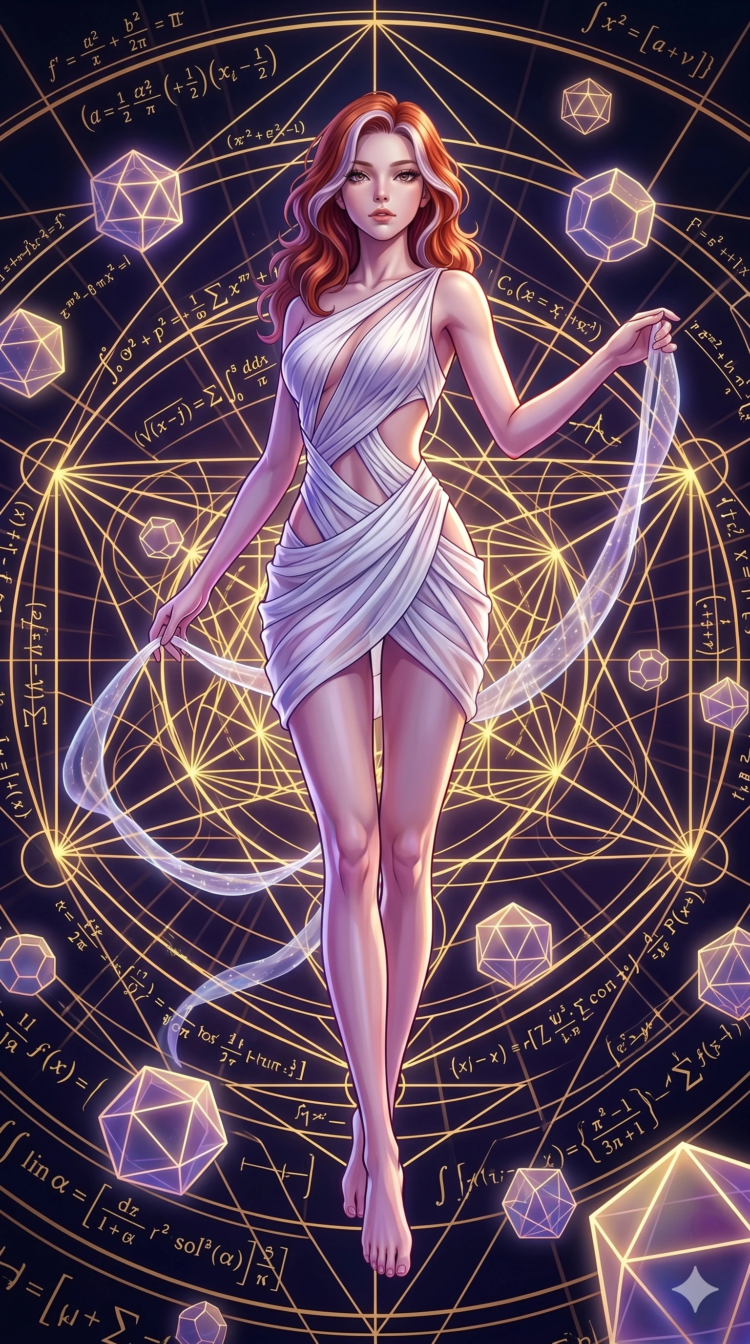 score_9, masterpiece, best quality, ultra-detailed, high-budget anime keyframe, Caucasian woman, strictly human ears. low angle full-body shot filling the entire 9:16 frame with her statuesque presence, stretching the vertical silhouette. floating gracefully in a mathematical mandala void filled with golden geometric lines of complex formulas, holding a translucent ribbon as she glides between floating regular polyhedrons. She has an absolutely perfect 8-heads proportion, an exceptionally tall and slender female figure with impossibly long slender legs and an ultra-slim waist. V-shaped jawline, high-bridge nose, intricate jewel-like eyes with depth, thick eyelashes, glossy lips with a natural sheen.. wearing an asymmetric chiffon draped couture mini dress, featuring draped white chiffon fabric twisting around her body with elegant diamond cutouts on the waist. accented by dynamic color-blocked lighting with high-contrast shadows emphasizing her statuesque height. 2k, ultra detail, master piece, 9:16 ratio