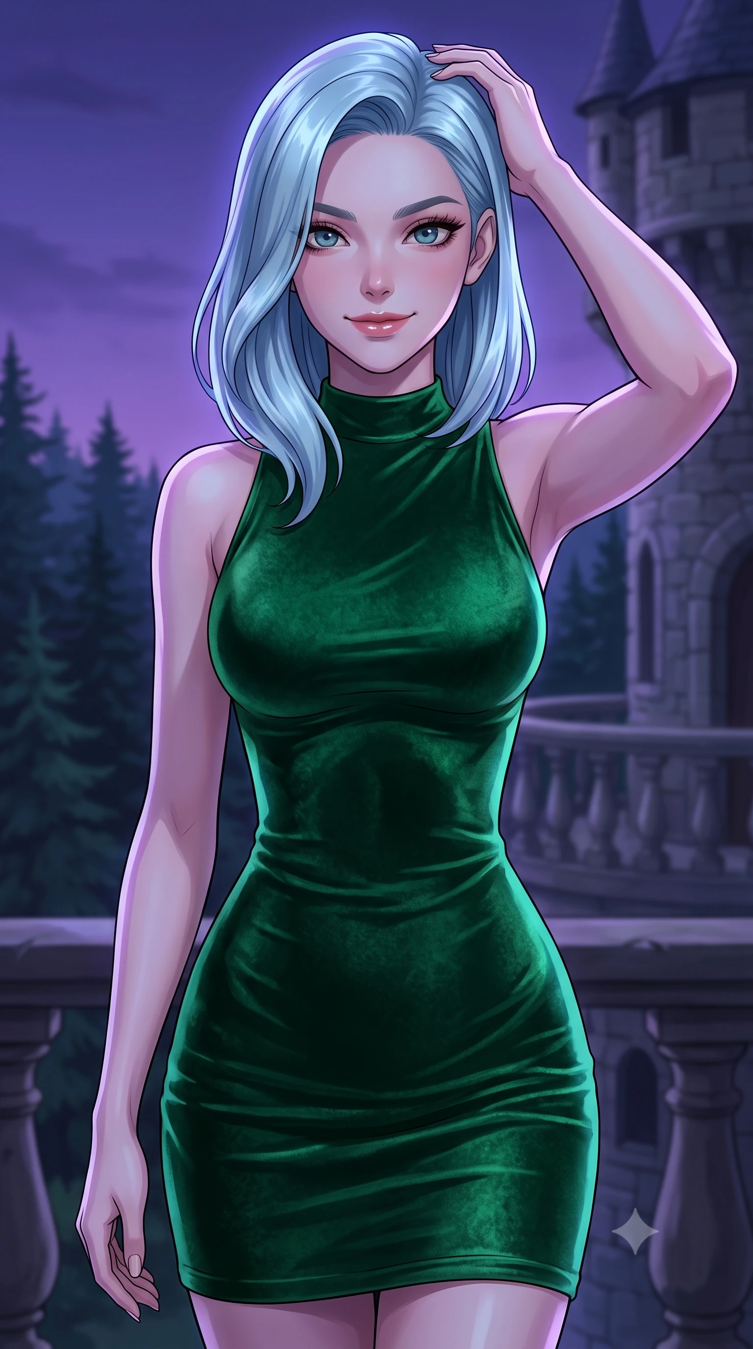 score_9, masterpiece, best quality, ultra-detailed, high-budget anime keyframe, tasteful artistic composition, Korean woman. close-up cowboy shot from the waist and thighs up, the character dominates the composition, filling the frame with her large presence, background elements kept in soft focus. smiling with quiet, magnetic self-assurance directly into the camera, running a hand through her hair the background shows a soft-focus an old stone castle balcony overlooking a dark pine forest at twilight. She has an exceptionally elegant, slender, and willowy female figure with an ultra-slim waist, a gracefully sculpted slender torso, and a refined silhouette. sharp v-shaped jawline, high-bridge nose, intricate jewel-like eyes with depth, thick eyelashes, glossy lips with a natural sheen. wearing a slim-fit body-hugging emerald green velvet dress with a simple mock-neck collar. deep violet twilight sky glow casting cool highlights on her form. highly saturated vibrant anime colors, cel-shading, 2d style, master piece, 9:16 ratio