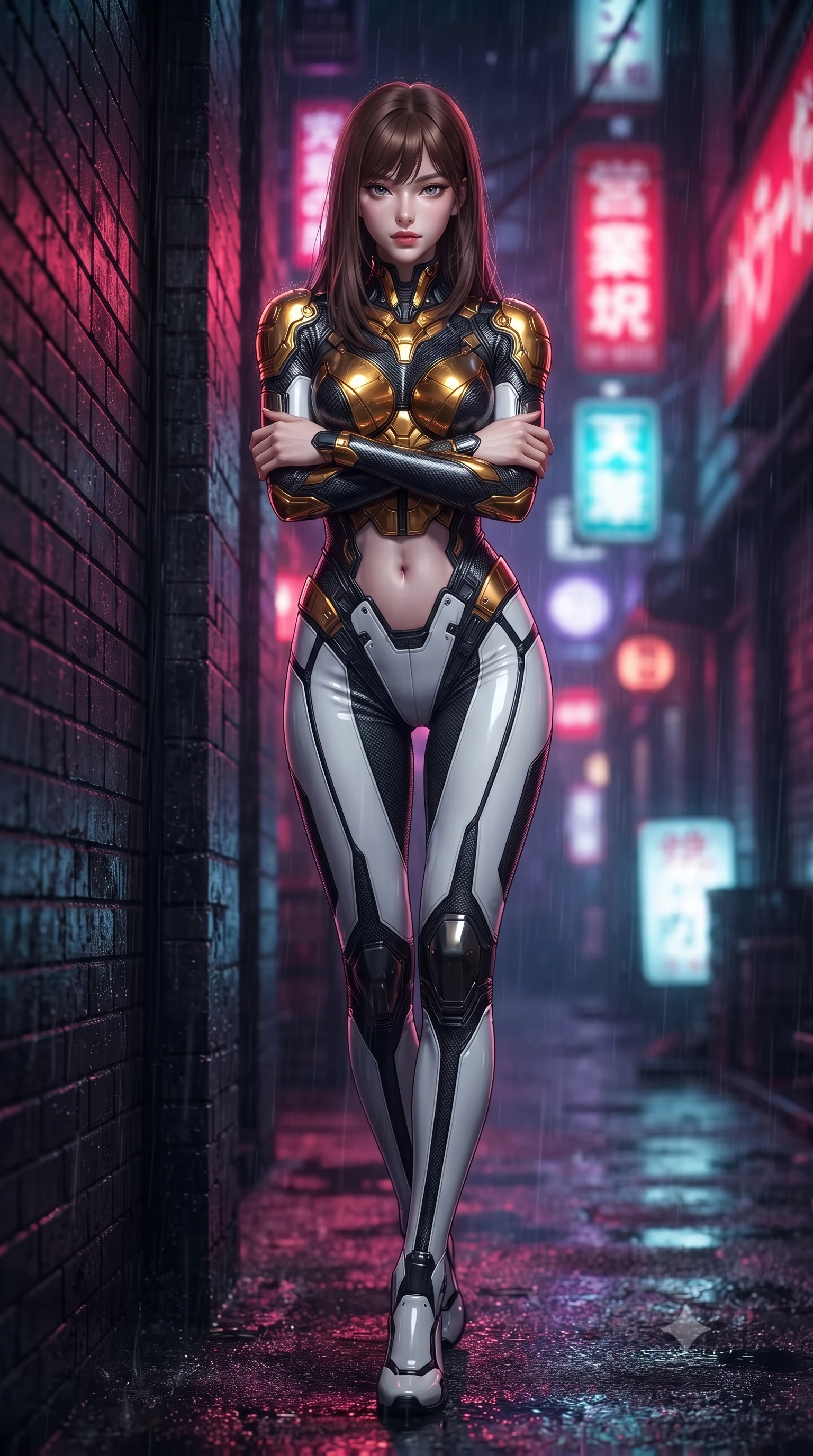 score_9, masterpiece, best quality, ultra-detailed, high-budget anime keyframe, editorial fashion photography, tasteful artistic composition, Korean woman. low angle full-body shot from head to toe showing her feet, filling the entire 9:16 vertical frame with her statuesque presence, stretching her vertical silhouette. striding forward with sovereign warrior elegance in a low, predatory combat advance, hips swaying with fierce athletic poise from head to toe while leaning against a rain-streaked brick wall with arms crossed loosely, casting a smoldering, haughty gaze into the lens. The composition keeps background elements in soft focus with creamy bokeh. flickering neon sign kanji and rain puddles blurred into dazzling crimson, violet, and electric cyan bokeh. She has an absolutely perfect, statuesque 8.5-heads proportion, an exceptionally tall and slender model-like female figure with impossibly long slender legs, a toned flat midriff, and an ultra-slim waist. sharp v-shaped jawline, high-bridge nose, intricate jewel-like eyes with depth, thick eyelashes, glossy lips with a natural sheen, flawlessly proportioned anatomical accuracy, strict slender model proportions, natural body alignment, perfectly sculpted long slender limbs, ultra-slim waistline, clean dynamic posture without body distortion. wearing a sculpted molten-gold and dark carbon cuirass paired with high-mobility combat leggings and kinetic energy channels in monochrome white enamel carbon with high-contrast black panels, tailored from flexible second-skin carbon-mesh that clings flawlessly to her athletic curves, reinforced by a sleek titanium kinetic harness and glowing micro-energy straps, the form-contouring material adhering flawlessly to her sculpted flat midriff and slender torso, emphasizing her long leg lines and perfectly proportioned willowy build. surrounded by a dangerous, gritty, and intensely captivating martial femme-fatale noir aura. ultra-reflective glossy finish, specular highlights, dark metallic sheen, high-contrast stereoscopic depth, volumetric dynamic lighting, 2k, ultra detail, master piece, 9:16 ratio