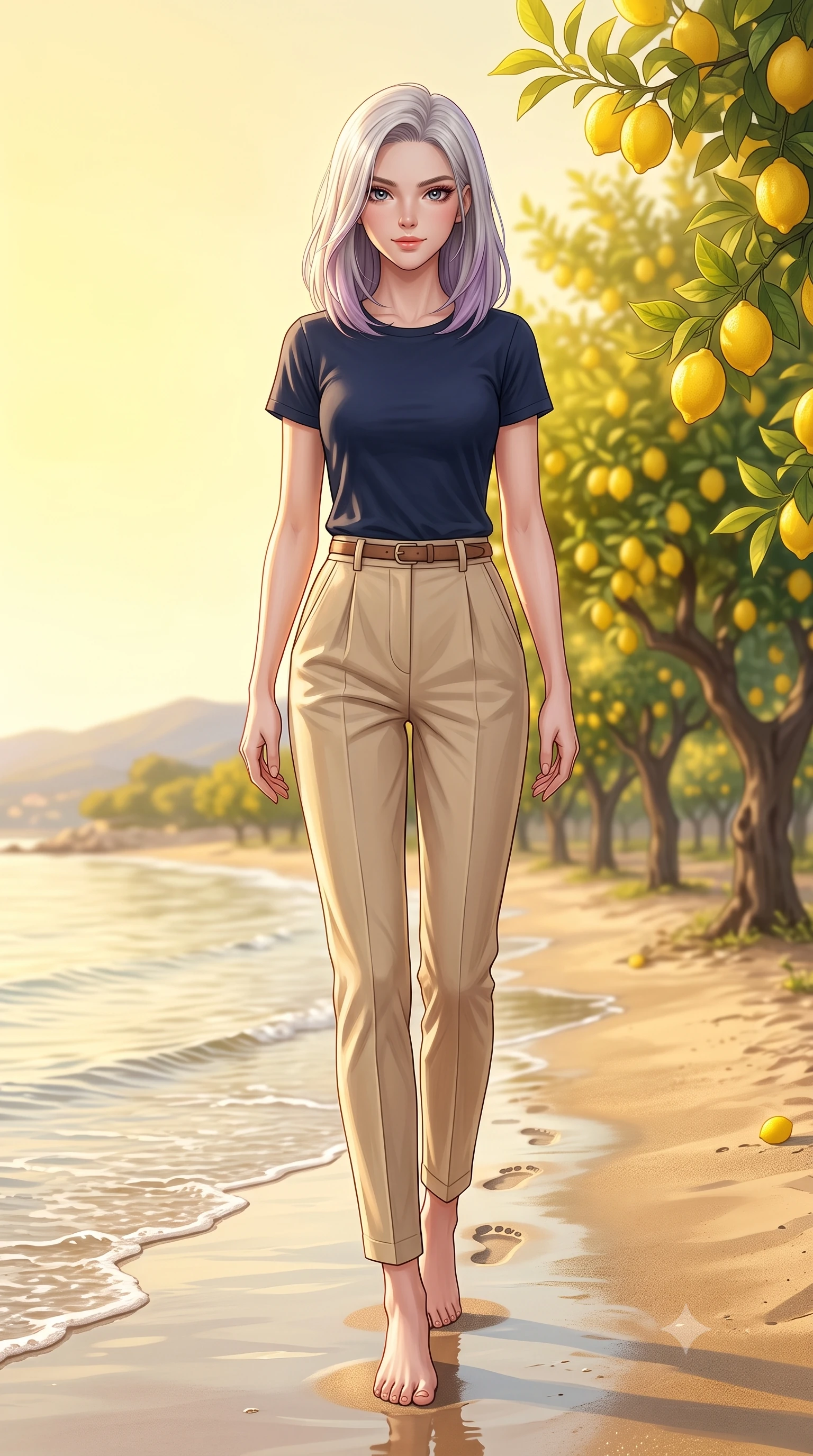 score_9, masterpiece, best quality, ultra-detailed, high-budget anime keyframe, editorial fashion photography, tasteful artistic composition, Caucasian woman woman. low angle full-body shot from head to toe showing her feet, filling the entire 9:16 vertical frame with her statuesque presence, stretching her vertical silhouette. walking slowly along the shoreline, leaving footprints in the wet sand the background shows a soft-focus an orchard path lined with lemon trees heavy with ripe yellow fruit in Provence. She has an absolutely perfect, statuesque 8.5-heads proportion, an exceptionally tall and slender model-like female figure with impossibly long slender legs and an ultra-slim waist. sharp v-shaped jawline, high-bridge nose, intricate jewel-like eyes with depth, thick eyelashes, glossy lips with a natural sheen. wearing a tailored simple navy cotton t-shirt tucked into high-waisted pleated beige chino pants. bright lemon-yellow sunlight bathing the orchard in a warm glow. 2k, ultra detail, master piece, 9:16 ratio
