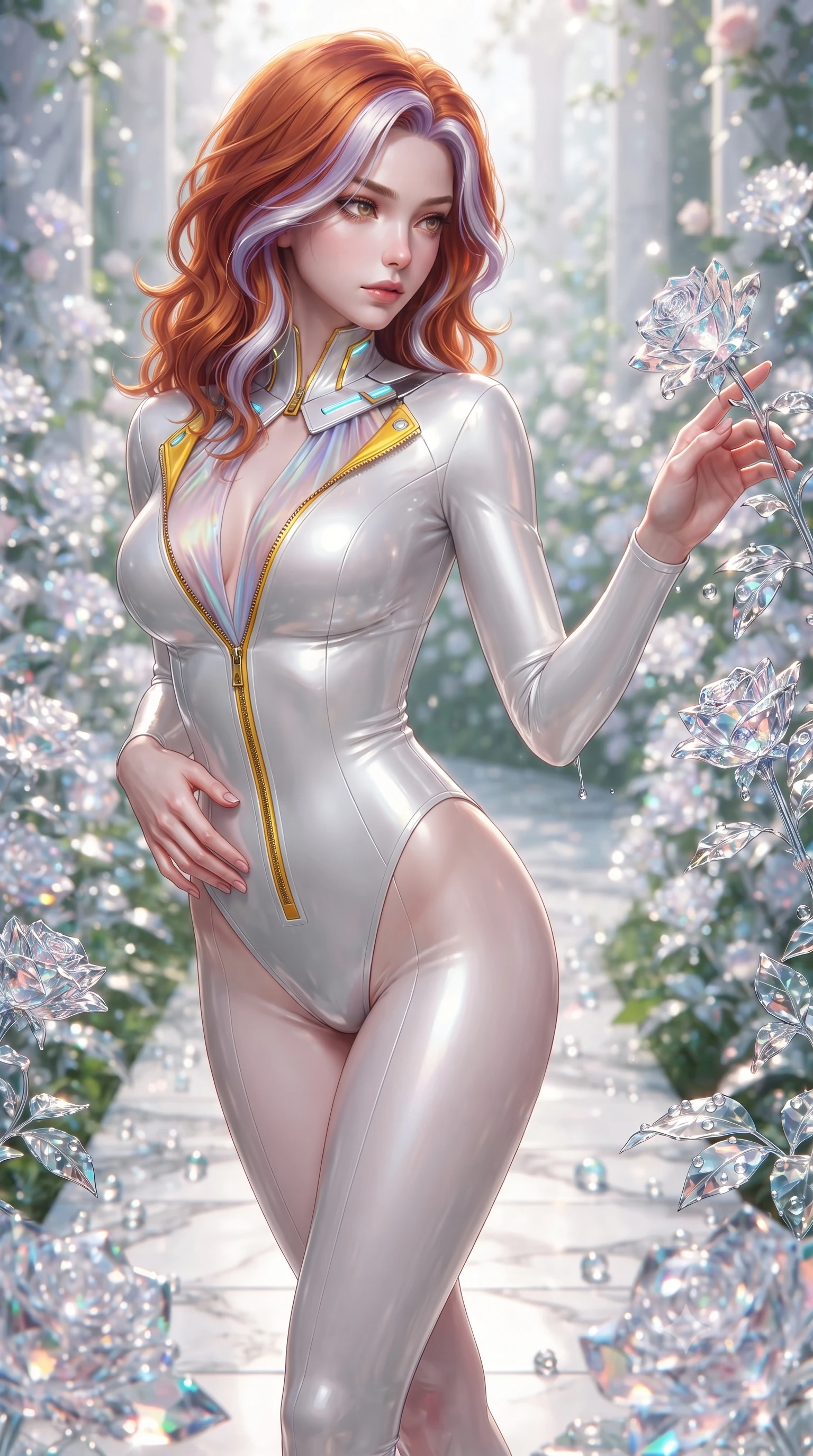 score_9, masterpiece, best quality, ultra-detailed, high-budget anime keyframe, editorial fashion photography, tasteful artistic composition, Caucasian woman. close-up cowboy shot from the waist and thighs up, the character dominates the composition, filling the frame with her large presence. twisting her upper body in a dynamic S-curve with an alluring smolder, one hand trailing along her slender waist while reaching one arm out to touch a dewy glass blossom while looking over her shoulder with seductive poise. The surrounding environment is rendered in vivid detail and crisp panoramic clarity. razor-sharp optical crystal rose petal facets, morning dewdrop beads, and white marble path in deep focus. She has an exceptionally elegant, slender, and willowy female figure with an ultra-slim waist, a gracefully sculpted slender torso, toned flat midriff, and a refined slim silhouette. sharp v-shaped jawline, high-bridge nose, intricate jewel-like eyes with depth, thick eyelashes, glossy lips with a natural sheen, flawlessly proportioned anatomical accuracy, strict slender model proportions, natural body alignment, perfectly sculpted long slender limbs, ultra-slim waistline, clean dynamic posture without body distortion. wearing a glossy white second-skin latex bodysuit with high-thigh cuts, exposed clavicle neckline, and gleaming zipper details in vibrant sunburst canary yellow and gold trim, made of smooth iridescent silk chiffon that shifts colors with movement, featuring a dangerously unzipped neckline framed by glowing cybernetic accents, the glove-like aerodynamic second-skin fit tightly clinging to her ultra-slender waist and athletic curves without adding bulk, accentuating her razor-sharp statuesque lines and slim hourglass silhouette. surrounded by a pure, romantic, and breathtakingly alluring floral sanctuary atmosphere. ultra-reflective glossy finish, specular highlights, metallic sheen, high-contrast stereoscopic depth, volumetric dynamic lighting, 2k, ultra detail, master piece, 9:16 ratio