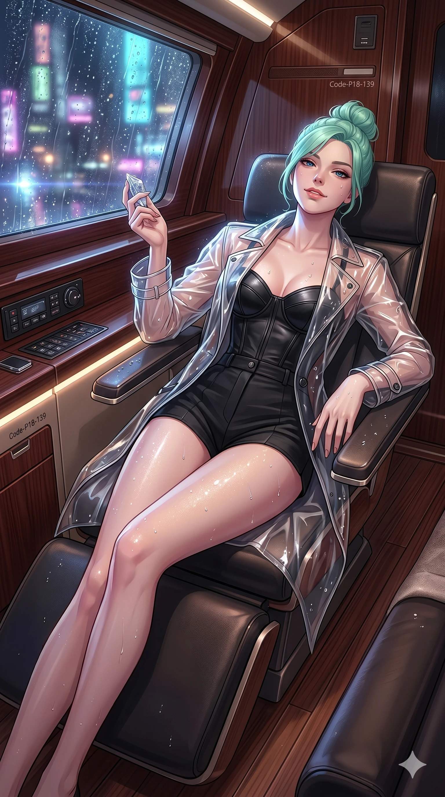 score_9, masterpiece, best quality, ultra-detailed, high-budget anime keyframe, editorial fashion photography, tasteful artistic composition, Japanese woman. cowboy shot from the thighs up, character and outfit filling the frame for maximum editorial presence. leaning back on a lounge chair, tilting her chin up with a confident half-smile inside a luxury yacht stateroom cabin with rich mahogany paneling (Code-P18-139). She has an absolutely perfect 8-heads proportion, an exceptionally tall and slender female figure with impossibly long slender legs and an ultra-slim waist. V-shaped jawline, high-bridge nose, intricate jewel-like eyes with depth, thick eyelashes, glossy lips with a natural sheen. wearing a transparent PVC jacket worn over a structured black corset and shorts. neon lights refracting through the rain droplets, creating a sparkling, wet glow on her. 2k, ultra detail, master piece, 9:16 ratio