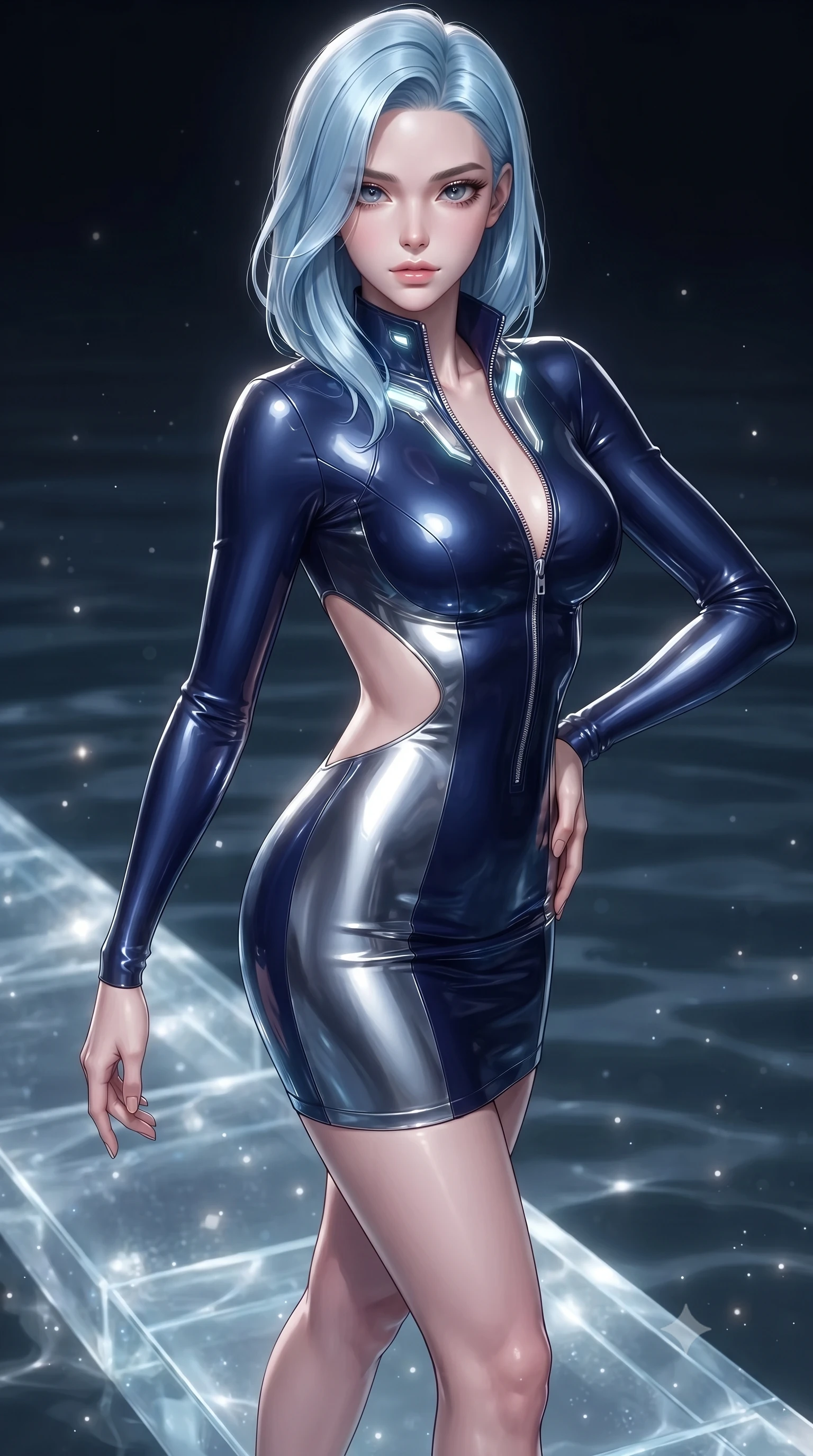 score_9, masterpiece, best quality, ultra-detailed, high-budget anime keyframe, editorial fashion photography, tasteful artistic composition, Korean woman. close-up cowboy shot from the waist and thighs up, the character dominates the composition, filling the frame with her large presence. twisting her upper body in a dynamic S-curve with an alluring smolder, one hand trailing along her slender waist while pivoting dynamically on a submerged crystal walkway with starlight reflecting off the calm water surface. The composition keeps background elements in soft focus with creamy bokeh. silver water caustics and stardust motes scattering soft glowing light across a dark backdrop. She has an exceptionally elegant, slender, and willowy female figure with an ultra-slim waist, a gracefully sculpted slender torso, toned flat midriff, and a refined slim silhouette. sharp v-shaped jawline, high-bridge nose, intricate jewel-like eyes with depth, thick eyelashes, glossy lips with a natural sheen, flawlessly proportioned anatomical accuracy, strict slender model proportions, natural body alignment, perfectly sculpted long slender limbs, ultra-slim waistline, clean dynamic posture without body distortion. wearing a second-skin fashion-latex mini dress with a clean architectural front, featuring an open-back design that wraps around the sides of her waist, showcasing her slender silhouette in deep royal navy blue and specular chrome, crafted from ultra-reflective second-skin latex with a high-gloss glass-like polish, featuring a dangerously unzipped neckline framed by glowing cybernetic accents, the glove-like aerodynamic second-skin fit tightly clinging to her ultra-slender waist and athletic curves without adding bulk, accentuating her razor-sharp statuesque lines and slim hourglass silhouette. illuminated by soft glowing starlight fill and crisp specular highlights tracing her slender curves. ultra-reflective glossy finish, specular highlights, metallic sheen, high-contrast stereoscopic depth, volumetric dynamic lighting, 2k, ultra detail, master piece, 9:16 ratio