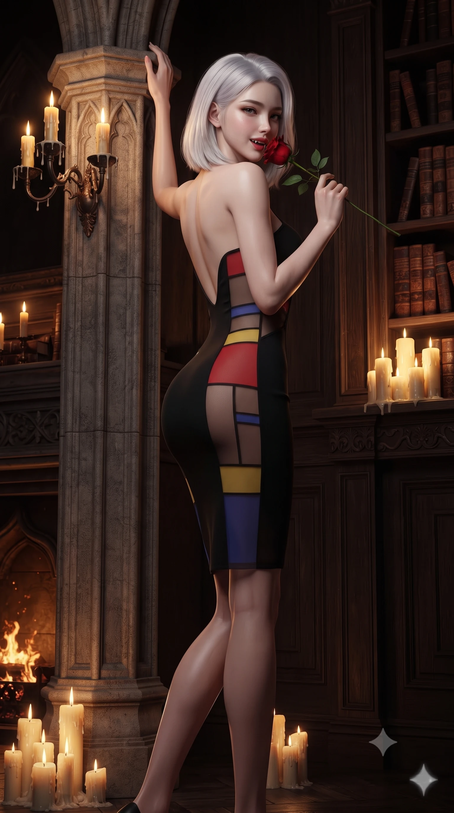 score_9, masterpiece, best quality, ultra-detailed, high-budget anime keyframe, editorial fashion photography, tasteful artistic composition, Korean woman. low angle full-body shot from head to toe showing her feet, filling the entire 9:16 vertical frame with her statuesque presence, stretching her vertical silhouette. standing tall beside the architectural column, one hand resting high while arching her lower back to emphasize her sculpted feminine hips and slender waist while leaning against the gothic stone fireplace mantel with hips cocked back, looking over a bare shoulder with an intoxicating vampire half-smile. The surrounding environment is rendered in vivid detail and crisp panoramic clarity: sharp carved oak linenfold paneling texture, candle wax dripping down bronze sconces, and cracked leather book spines in deep focus. She has an absolutely perfect, statuesque 8.5-heads proportion, an exceptionally tall and slender model-like female figure with impossibly long slender legs, an ultra-slim waist, a flat toned midriff, narrow delicate ribcage, and beautifully sculpted feminine hips creating a graceful, slim hourglass silhouette without any bulky heaviness. sharp v-shaped jawline, high-bridge nose, sparkling eyes with hypnotic seductive depth, thick curled eyelashes, glossy parted lips with a natural dewy peach sheen, alluring bedroom-eyes with an enchanting coquettish smile, exuding magnetic siren charisma and sophisticated glamour, flawlessly proportioned anatomical accuracy, strict slender model proportions, natural body alignment, perfectly sculpted long slender limbs, ultra-slim waistline, clean dynamic posture without body distortion. wearing a deep sweetheart-neckline matte-black bodycon dress with sheer side-torso cutouts accentuating her hourglass curves in Mondrian primary red, canary yellow, and electric cobalt blue, made of sheer gossamer chiffon that drapes softly against skin with airy translucence, accented with a single fresh-cut long-stemmed crimson rose held delicately near her parted lips, the precision-cut side openings and low-back scoop framing her graceful spine and the sensual sweep of her slim, toned hips. bathed in moody chiaroscuro lighting spilling from clusters of real beeswax candles and fireplace embers. ultra-reflective glossy finish, specular highlights, rich textural contrasts, high-contrast stereoscopic depth, volumetric dynamic lighting, 2k, ultra detail, master piece, 9:16 ratio