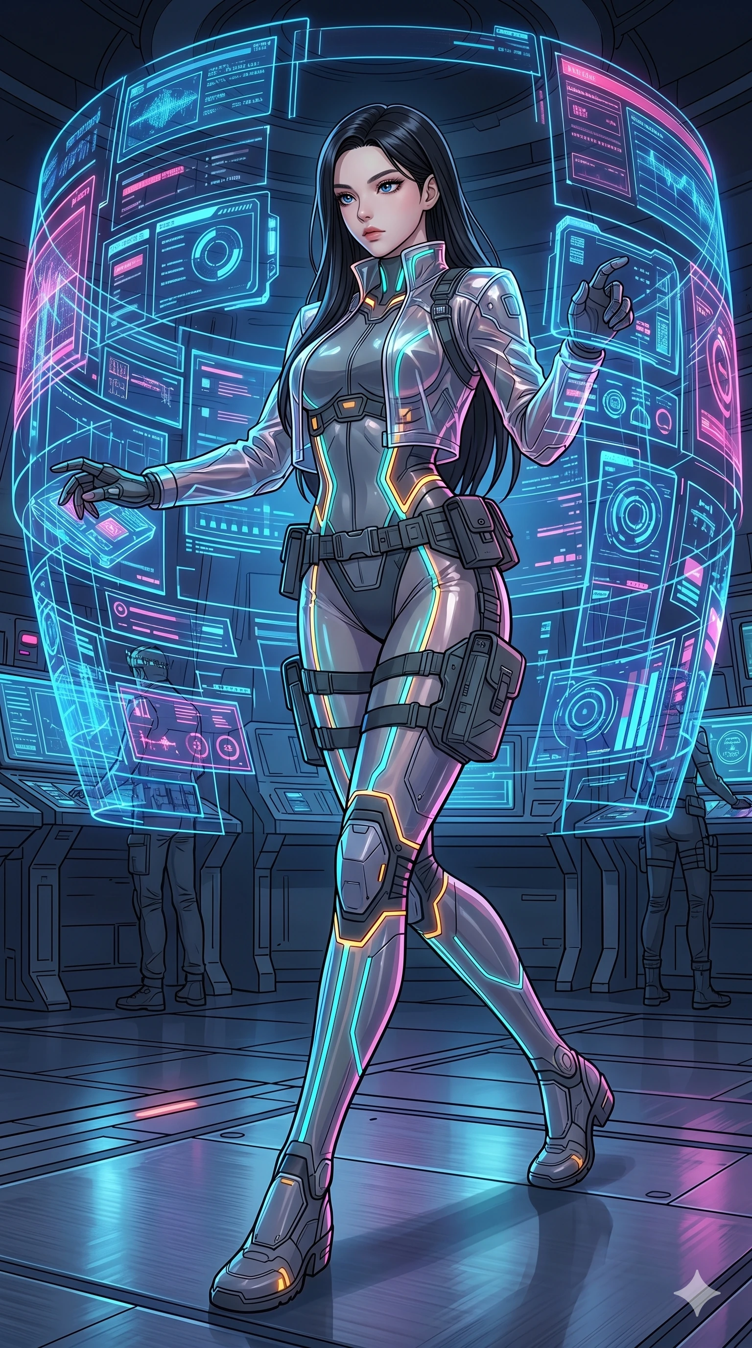 score_9, masterpiece, best quality, ultra-detailed, high-budget anime movie keyframe, cinematic anime lighting, intricate line art, Korean woman. Low angle cowboy shot capturing a powerful motion and statuesque presence. operating a holographic console that surrounds her like a cage. She has an absolutely perfect 8-heads proportion, an exceptionally tall and slender female figure with an ultra-slim waist and impossibly long slender legs. strictly human anatomy, two legs only, no extra limbs, clearly defined legs and arms, perfect anatomy, perfect hands and fingers. sharp v-shaped jawline, high-bridge nose, intricate jewel-like eyes, thick eyelashes, glossy lips. Wearing Tech-Fantasy: Cybernetic tech-suit with glowing seams, translucent PVC over leotard, and modular tactical gear. The scene is illuminated by dramatic atmospheric lighting and vibrant color palettes. , 2k, ultra detail, master piece, 9:16 ratio