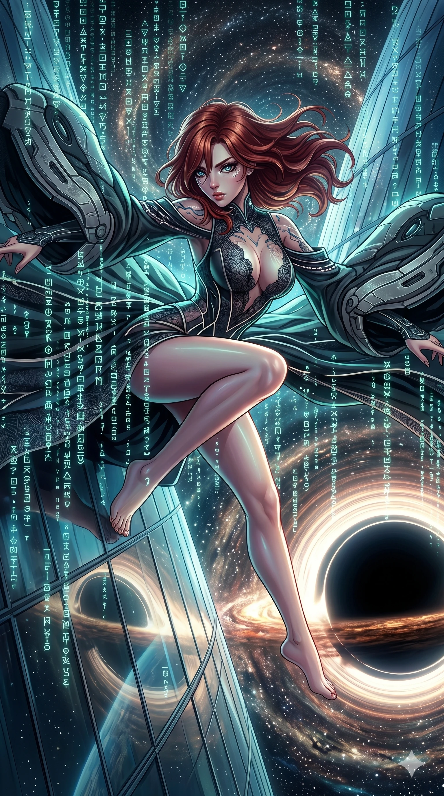 score_9, masterpiece, best quality, ultra-detailed, Set A: High-budget Anime Keyframe, Caucasian (human ears) woman. Upper body close-up from the thighs up, character filling the screen for maximum presence. Theme: Historical Remix. sliding down a glass skyscraper in the edge of a black hole, as a digital rain of 127 symbols washes over her. The atmosphere is filled with a swirling vortex of stars. She has an absolutely perfect 8-heads proportion, an exceptionally tall and slender female figure with impossibly long slender legs and an ultra-slim waist. Sharp v-shaped jawline, high-bridge nose, intricate jewel-like eyes with depth, glossy lips. Wearing Futuristic court-lady gown with massive sleeves and a deep-cut lace bodice. Cinematic lighting, vivid colors, dramatic shadows, 2k, ultra detail, master piece, 9:16 ratio