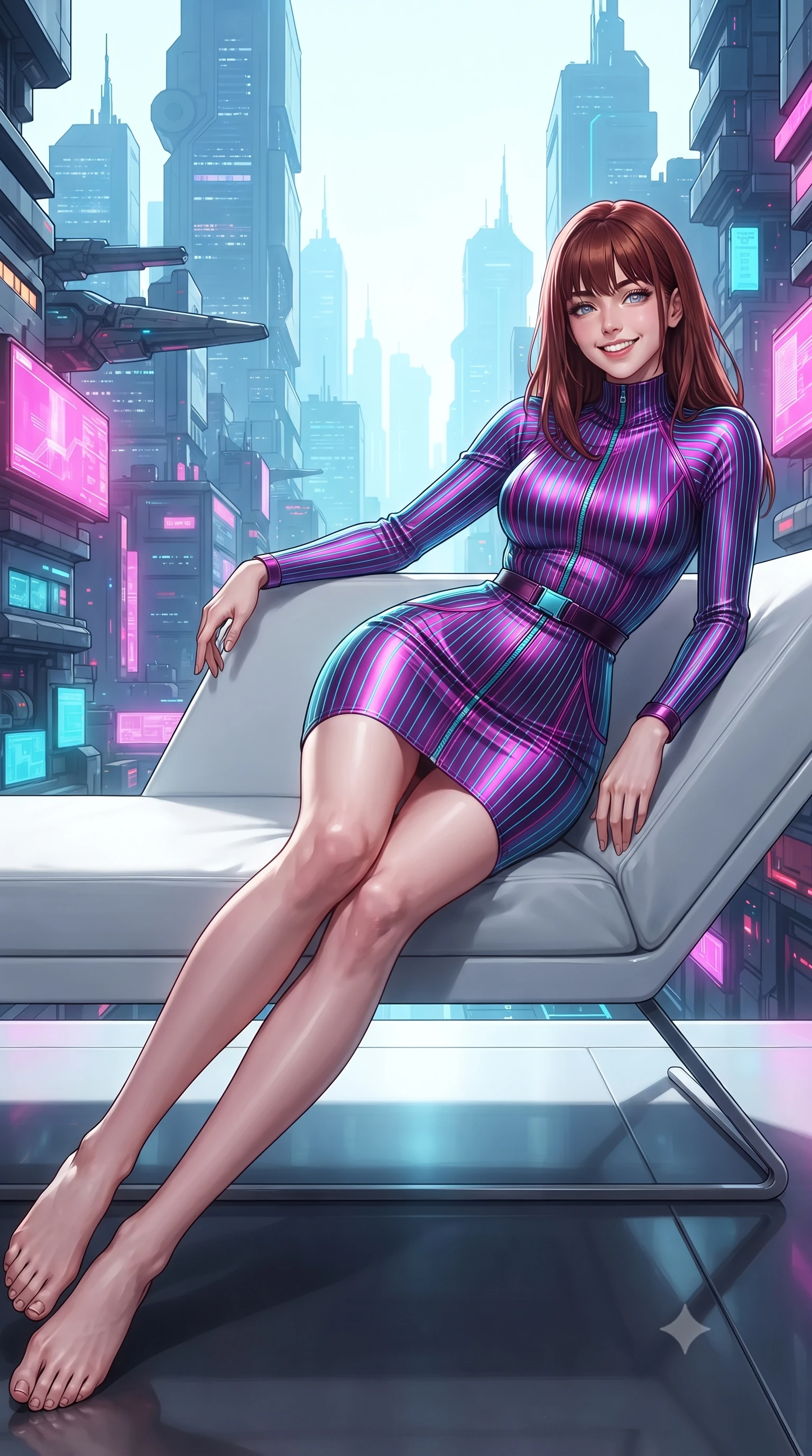 score_9, masterpiece, best quality, ultra-detailed, high-budget anime keyframe, editorial fashion photography, tasteful artistic composition, Caucasian woman. low angle full-body shot from head to toe showing her feet, filling the entire 9:16 vertical frame with her statuesque presence, stretching her vertical silhouette. stepping forward in a confident stride, her long slender legs and curvaceous hips creating a dynamic, sweeping vertical line while lounging gracefully across the minimalist white lacquer chaise propped on one elbow with legs extended, displaying her long slender limbs and statuesque hourglass silhouette against the cyberpunk horizon. The surrounding environment is rendered in vivid detail and crisp panoramic clarity: detailed garment seam lines, metallic cyber-trim, and advanced aerospace architecture in razor-sharp precision. She has an exceptionally tall and slender model-like 8.5-heads proportion, an ultra-slim waist, a flat toned midriff, narrow delicate ribcage, and beautifully sculpted feminine hips creating a graceful, slim hourglass silhouette without any bulky heaviness, with impossibly long slender legs. sharp v-shaped jawline, high-bridge nose, intricate jewel-like sparkling eyes with depth, thick eyelashes, glossy parted lips with a natural peach sheen, bright cheerful beaming smile with an enchanting and coquettish sensual glint, exuding both youthful cute charm and seductive allure, flawlessly proportioned anatomical accuracy, strict slender model proportions, natural body alignment, perfectly sculpted long slender limbs, ultra-slim waistline, clean dynamic posture without body distortion. wearing a tailored velvet bodycon dress with metallic fiber pinstripes following her statuesque 8.5-heads silhouette in Neo-Tokyo neon magenta and electric cyan, made of fluid liquid jersey with seamless sculpting hold and smooth contours, finished with sleek magnetic buckle closures fluttering in the breeze, the liquid-tight tailored fabric clinging flawlessly to her narrow waist and rounded feminine hips, emphasizing every millimeter of her sculpted slim hourglass curves without any bulky heaviness. illuminated by floor pool reflection bounce and sharp laser-cyan rim lights sculpting her razor-sharp jawline, narrow waist, and curvy hips. ultra-reflective glossy finish, specular highlights, rich textural contrasts, high-contrast stereoscopic depth, volumetric dynamic lighting, 2k, ultra detail, master piece, 9:16 ratio