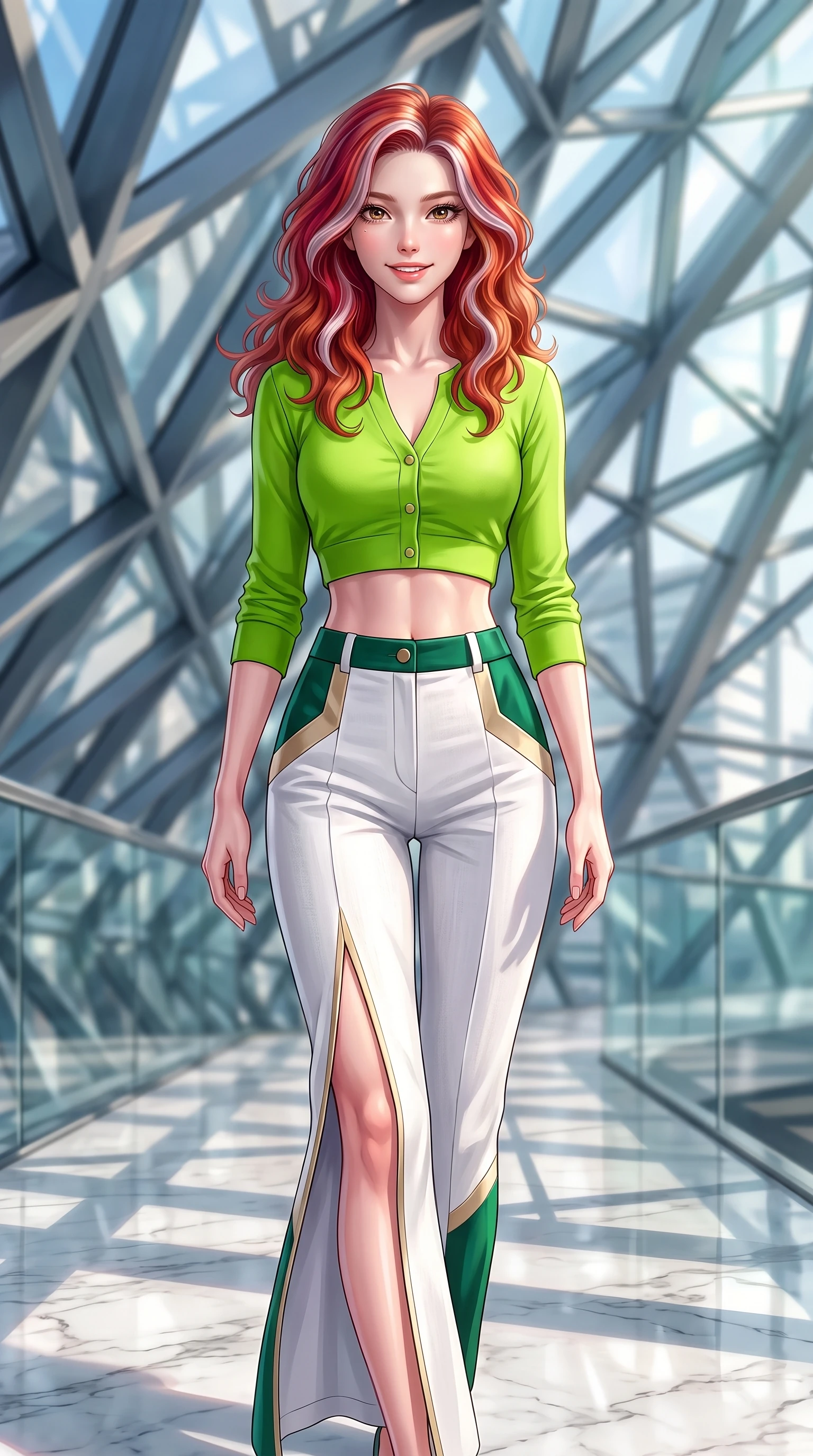 score_9, masterpiece, best quality, ultra-detailed, high-budget anime keyframe, editorial fashion photography, tasteful artistic composition, Caucasian woman. close-up cowboy shot from the waist and thighs up, the character dominates the composition, filling the frame with her large presence. Youthful cheerful smile exuding cute playful charm and radiant sparkle in her eyes while walking poised across a polished marble floor inside a sleek glass pavilion. The composition keeps background elements in soft focus with dreamy bokeh. geometric steel beams and glass panel reflections blurred into futuristic, ambient bokeh. She has an exceptionally elegant, slender, and willowy female figure with an ultra-slim waist, a gracefully sculpted slender torso, and a refined silhouette. sharp v-shaped jawline, high-bridge nose, intricate jewel-like eyes with depth, thick eyelashes, glossy lips with a natural sheen, flawlessly proportioned anatomical accuracy, natural body alignment, perfectly sculpted elegant limbs, clean dynamic posture without body distortion. wearing a bright lime green cropped cardigan paired with high-waist white linen trousers in deep emerald green and champagne gold, tailored from crisp high-density cotton poplin, finished with a sleek side slit ascending to mid-thigh, the sleek second-skin fit accentuating her magnetic presence. bathed in crisp, high-contrast sunlight filtering through geometric glass panes. highly saturated vibrant anime colors, detailed shading with soft gradients, rich glossy textures, high-contrast stereoscopic depth, volumetric dynamic lighting, master piece, 9:16 ratio