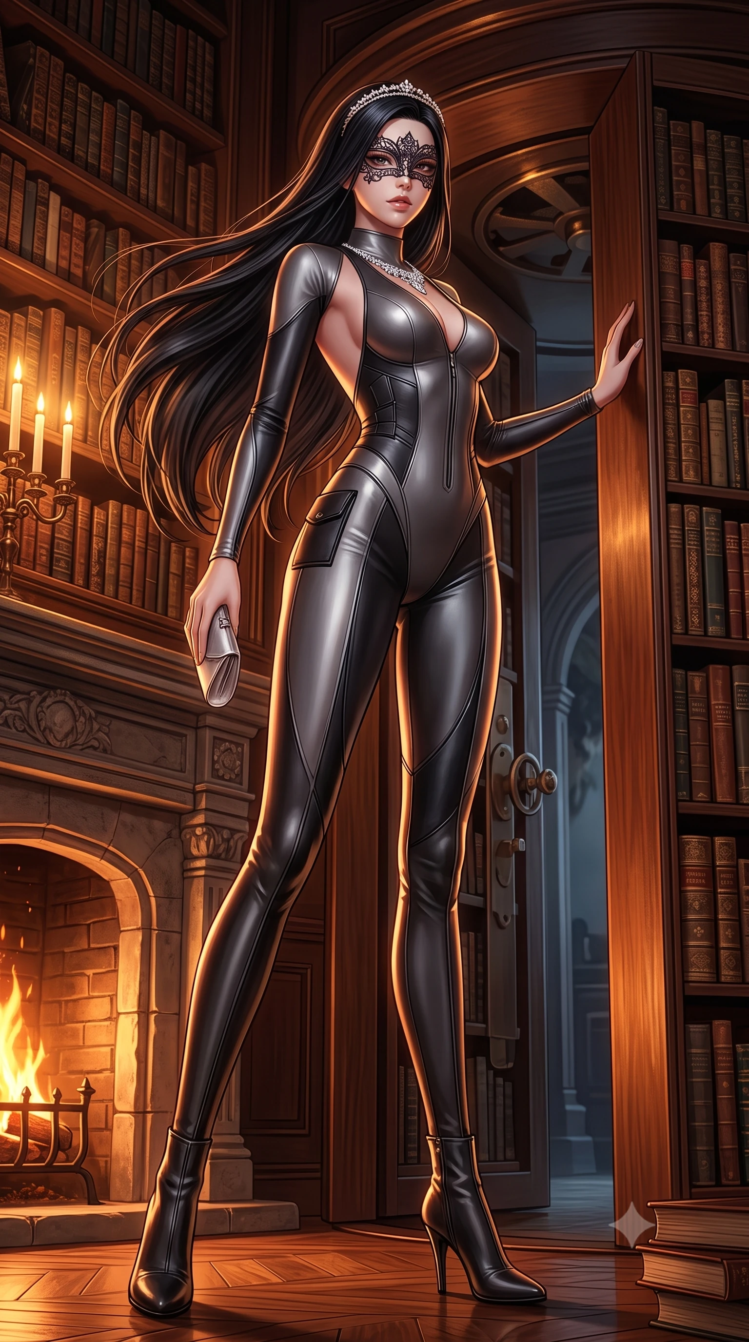 score_9, masterpiece, best quality, ultra-detailed, high-budget anime keyframe, semi-realistic 3D game render, editorial fashion photography, tasteful artistic composition, Korean woman. low angle full-body shot from head to toe showing her feet, filling the entire 9:16 vertical frame with her statuesque presence, stretching her vertical silhouette. pivoting dynamically with supreme athletic balance and poise, her impossibly long slender legs creating a breathtaking line while slipping through a secret revolving bookcase door from the grand library with sovereign stealth and fluid grace. The surrounding environment is rendered in vivid detail and crisp panoramic clarity. intricate laser-cut filigree mask patterns, sparkling diamond necklace facets, and silk velvet textures in deep focus. She has an absolutely perfect, statuesque 8.5-heads proportion, an exceptionally tall and slender model-like female figure with impossibly long slender legs, a toned flat midriff, and an ultra-slim waist. sharp v-shaped jawline, high-bridge nose, intricate jewel-like eyes with depth, thick eyelashes, glossy lips with a natural sheen, captivating and magnetic expression, flawlessly proportioned anatomical accuracy, strict slender model proportions, natural body alignment, perfectly sculpted long slender limbs, ultra-slim waistline, clean dynamic posture without body distortion. wearing an undercover operative tailored backless evening catsuit with concealed gadget pockets in brushed dark platinum and obsidian leather, crafted from matte cybernetic vinyl with concealed magnetic locks, accessorized with a sparkling tiara headband and delicate satin clutch, the liquid-tight tailored fabric emphasizing every curve of her tall, slender model proportions and sculptured silhouette during dynamic movement. bathed in romantic warm candelabra glow and dramatic fireplace ember uplights. highly saturated vibrant anime colors, detailed shading with soft gradients, rich glossy textures, high-contrast stereoscopic depth, volumetric dynamic lighting, master piece, 9:16 ratio