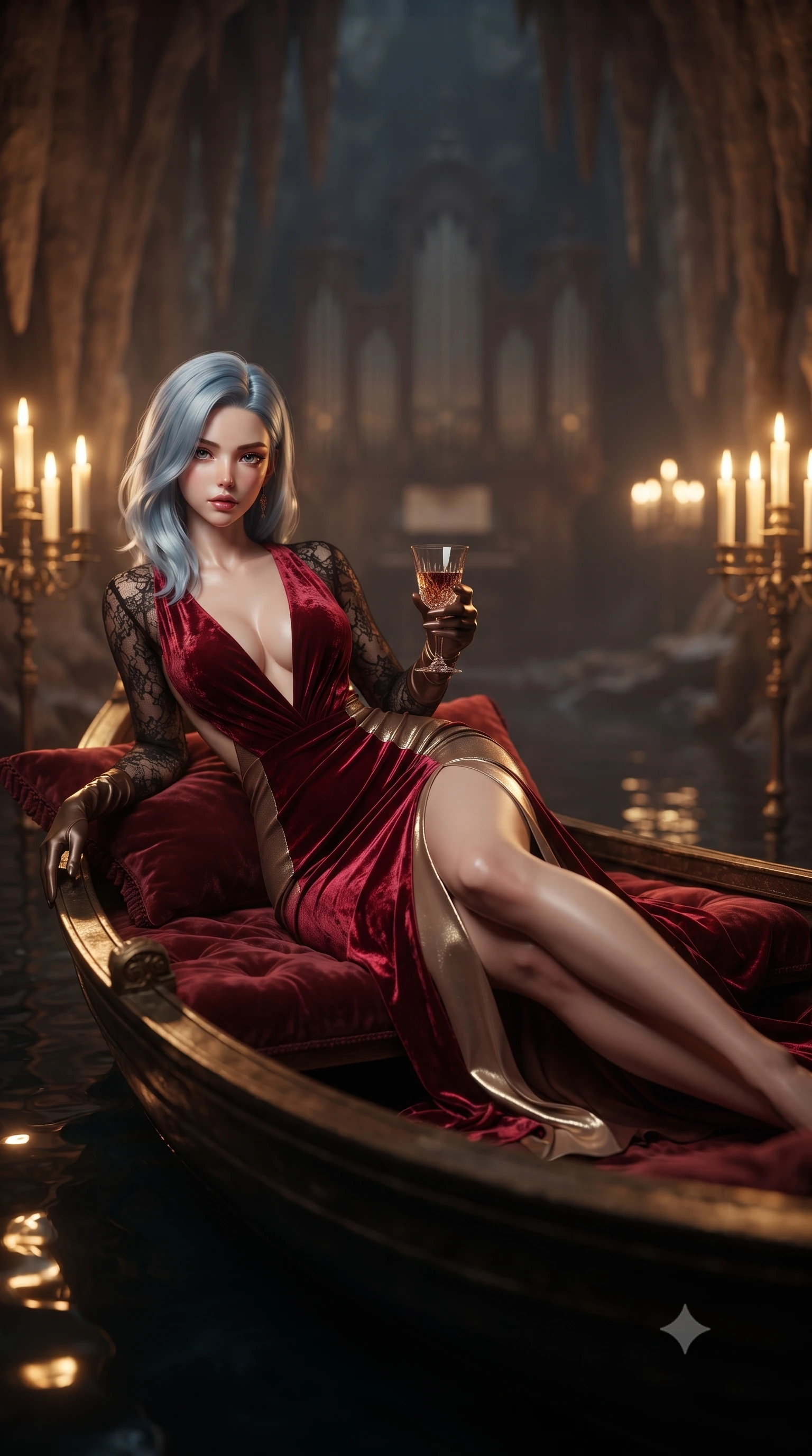 score_9, masterpiece, best quality, ultra-detailed, high-budget anime keyframe, editorial fashion photography, tasteful artistic composition, Korean woman. low angle full-body shot from head to toe showing her feet, filling the entire 9:16 vertical frame with her statuesque presence, stretching her vertical silhouette. reclining on her side in an elegant Cleopatra pose with one knee drawn up, the dramatic contour of her rounded hips and long slender legs commanding the 9:16 vertical frame while reclining languidly on an antique velvet-lined skiff floating on the subterranean black lake, arching her spine with one knee bent as candlelight traces her curvy hips. The composition keeps background elements in soft focus with creamy bokeh. towering limestone stalactite arches and gothic pipe organ silhouettes softened in atmospheric shallow focus. She has an exceptionally tall and slender model-like 8.5-heads proportion, an ultra-slim waist, a flat toned midriff, narrow delicate ribcage, and beautifully sculpted feminine hips creating a graceful, slim hourglass silhouette without any bulky heaviness, with impossibly long slender legs. sharp v-shaped jawline, high-bridge nose, intricate jewel-like eyes with depth, thick eyelashes, glossy parted lips with a natural sheen, intensely captivating and seductive bedroom-eyes expression, flawlessly proportioned anatomical accuracy, strict slender model proportions, natural body alignment, perfectly sculpted long slender limbs, ultra-slim waistline, clean dynamic posture without body distortion. wearing a plunging-V neckline crushed crimson velvet opera gown with delicate black lace sleeves and bare back in rich equestrian cognac brown and crisp champagne cream, crafted from luxurious metallic lamé that shifts radiance with every step, accessorized with opera-length satin gloves and a vintage crystal glass, the liquid-tight tailored fabric clinging flawlessly to her narrow waist and rounded feminine hips, emphasizing every millimeter of her sculpted slim hourglass curves without any bulky heaviness. bathed in warm golden candelabra flicker from all sides and soft subterranean lake water reflections. ultra-reflective glossy finish, specular highlights, rich textural contrasts, high-contrast stereoscopic depth, volumetric dynamic lighting, 2k, ultra detail, master piece, 9:16 ratio