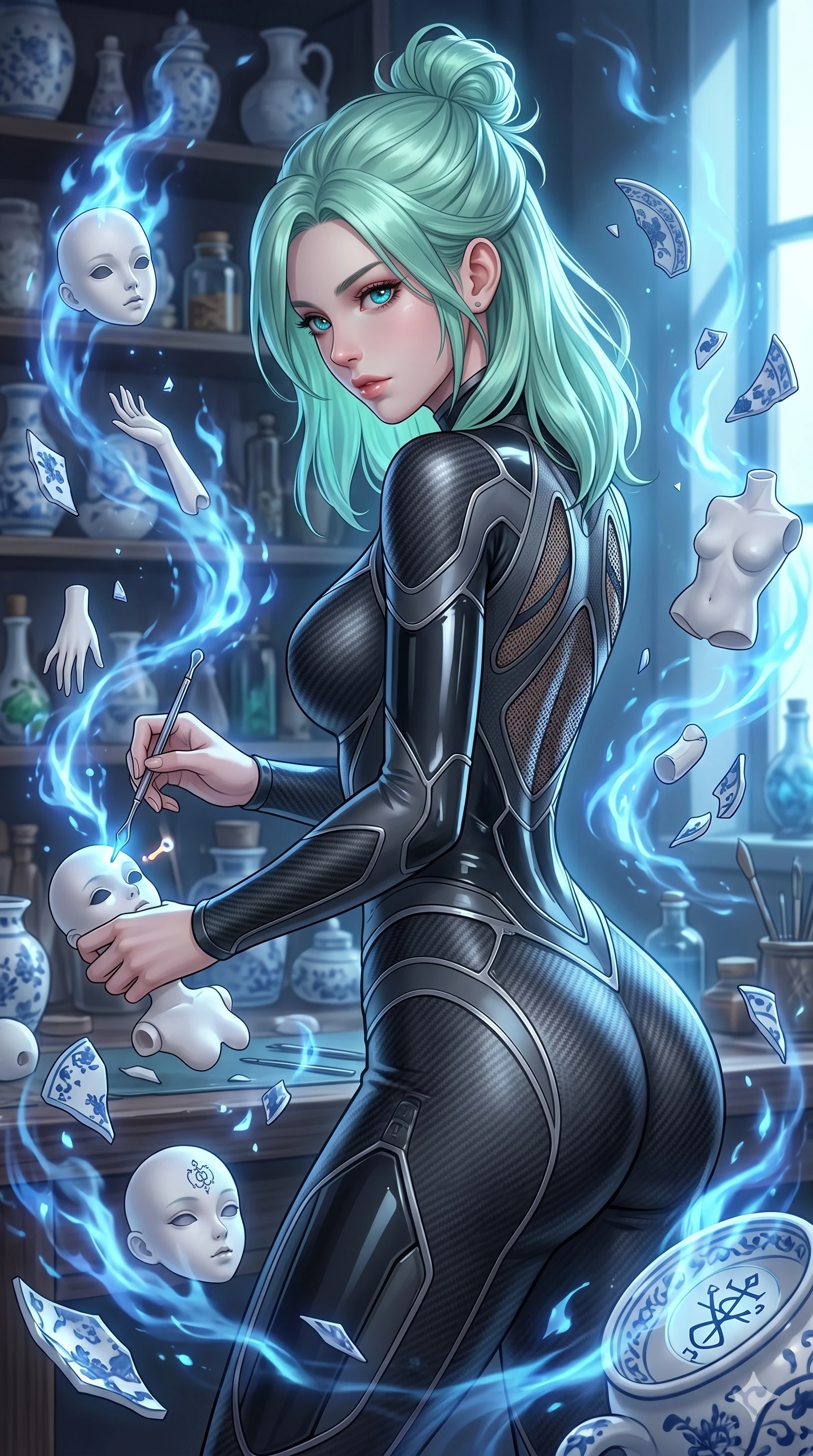 score_9, masterpiece, best quality, ultra-detailed, high-budget anime keyframe, Japanese woman. upper body close-up from the thighs up, character filling the screen for maximum presence. assisting in an alchemical porcelain workshop where floating white bisque doll parts and blue porcelain shards swirl amidst blue alchemical flames. She has an absolutely perfect 8-heads proportion, an exceptionally tall and slender female figure with impossibly long slender legs and an ultra-slim waist. V-shaped jawline, high-bridge nose, intricate jewel-like eyes with depth, thick eyelashes, glossy lips with a natural sheen.. wearing a second-skin carbon fiber combat suit, featuring matte carbon fiber and glossy latex panels with elegant slitted cutouts on the upper back. lit by a soft glowing ambient light and a sharp side key light that traces the sleek contours of her athletic build. 2k, ultra detail, master piece, 9:16 ratio