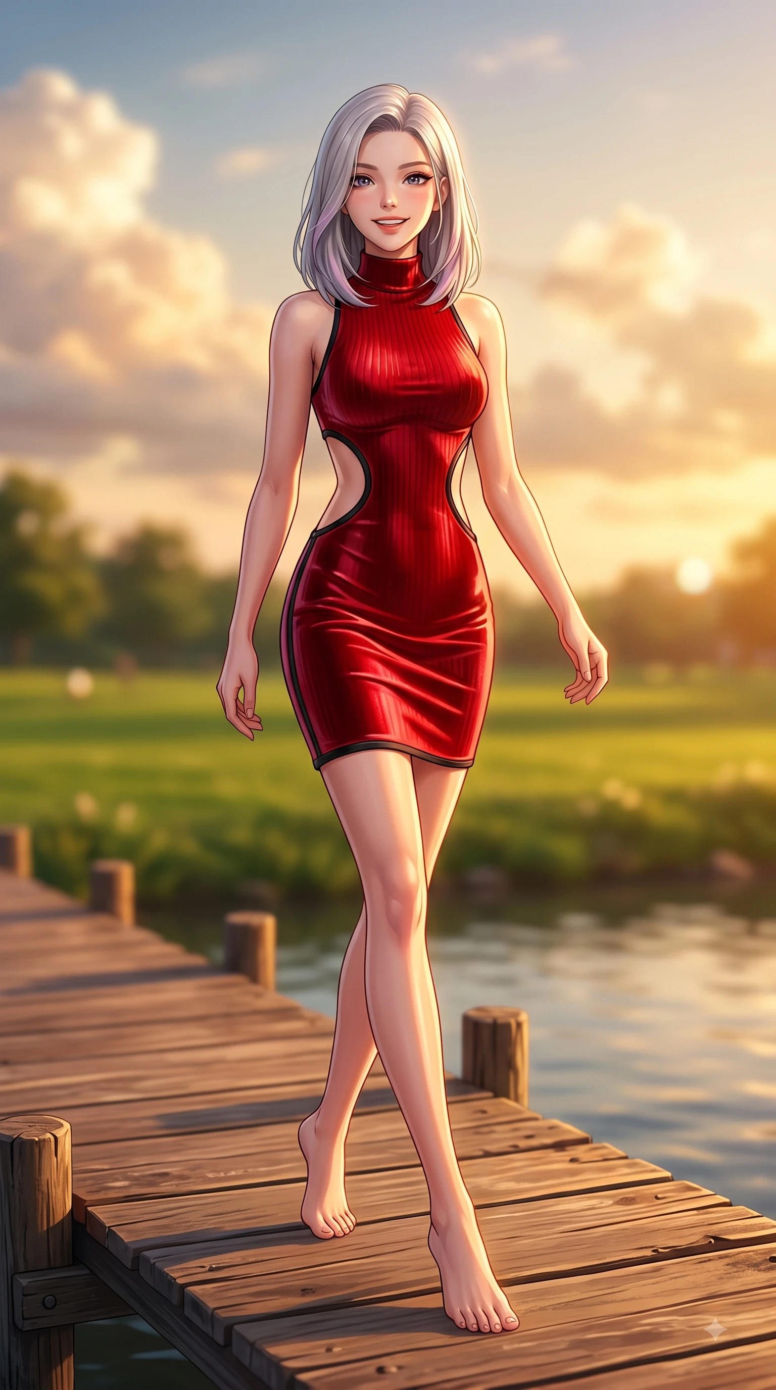 score_9, masterpiece, best quality, ultra-detailed, high-budget anime keyframe, editorial fashion photography, tasteful artistic composition, Caucasian woman. low angle full-body shot from head to toe showing her feet, filling the entire 9:16 vertical frame with her statuesque presence, stretching her vertical silhouette. stepping forward gracefully in mid-motion with a delighted cute expression, displaying her statuesque model proportions while pivoting in a happy stride along a wooden pier overlooking calm river waters. The composition keeps background elements in soft focus with dreamy bokeh. green park lawns and glowing clouds blurred smoothly behind her elegant silhouette. She has an absolutely perfect, statuesque 8.5-heads proportion, an exceptionally tall and slender model-like female figure with impossibly long slender legs and an ultra-slim waist. sharp v-shaped jawline, high-bridge nose, intricate jewel-like eyes with depth, thick eyelashes, glossy lips with a natural sheen, flawlessly proportioned anatomical accuracy, natural body alignment, perfectly sculpted elegant limbs, clean dynamic posture without body distortion. wearing a high-neck sleeveless ribbed knit dress following her statuesque figure like a glove in vibrant scarlet red and sleek black trim, made of lustrous stretch velvet, complemented by clean architectural cutouts along her slender torso, the tailored fabric tightly following every curve of her athletic build. bathed in glorious golden hour sunset sunbeams and warm amber sky radiance. highly saturated vibrant anime colors, detailed shading with soft gradients, rich glossy textures, high-contrast stereoscopic depth, volumetric dynamic lighting, master piece, 9:16 ratio