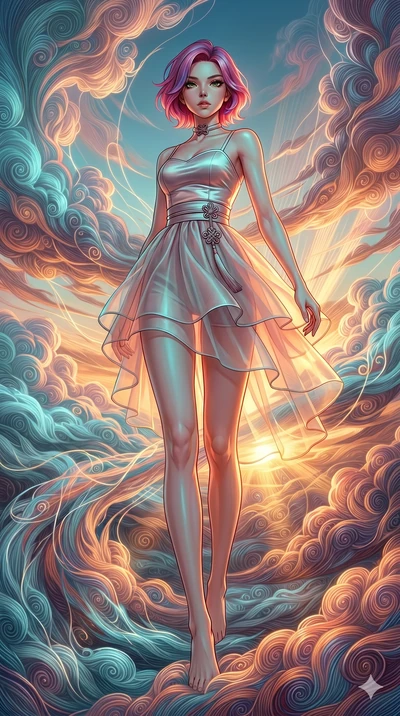 score_9, masterpiece, best quality, ultra-detailed, high-budget anime keyframe, Japanese woman. low angle full-body shot filling the entire 9:16 frame with her statuesque presence, stretching the vertical silhouette. threading through a volumetric cl
