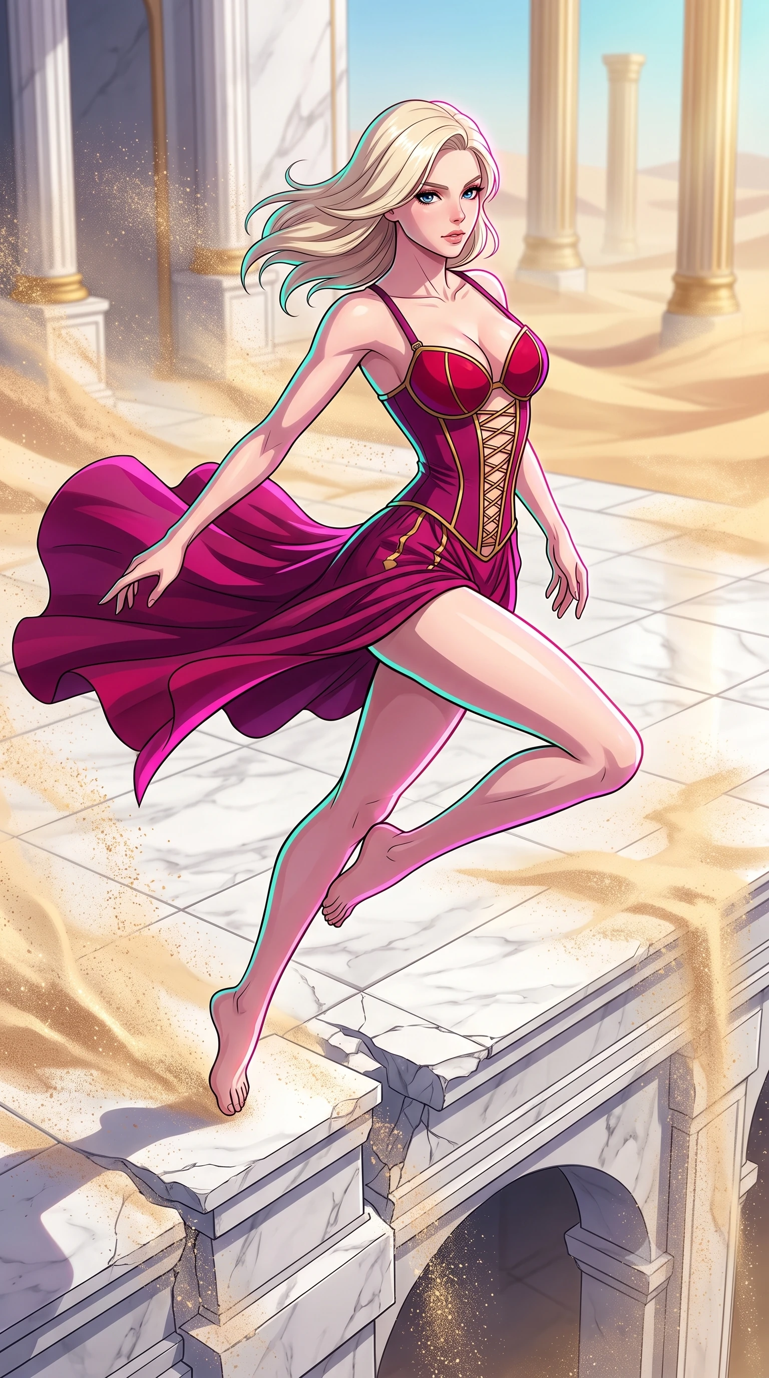 score_9, masterpiece, best quality, ultra-detailed, high-budget anime keyframe, clean line-art, cel-shading, Caucasian woman, strictly human ears. low angle full-body shot from head to toe showing her feet, filling the entire 9:16 vertical frame with her statuesque presence, stretching her vertical silhouette. leaping off a collapsing ledge, twisting her body with flawless athletic balance through a white marble palace courtyard that shimmers and fades in a desert mirage, gold columns slowly dissolving into sand particles. She has a statuesque 8.5-heads proportion, an exceptionally tall, slender and willowy model-like build with impossibly long legs and a highly sculpted ultra-slim waist. sharp v-shaped jawline, high-bridge nose, intricate jewel-like eyes with depth, thick eyelashes, glossy lips with a natural sheen. wearing the lightweight fabric rippling and billowing dramatically with her movement, a form-contouring deconstructed corset dress in deep magenta with exposed gold lacing and structured crimson cups. brilliant cinematic volumetric lighting with intense neon rim light outlining her form. highly saturated vibrant anime colors, intense vivid color palette, volumetric dynamic lighting, 2k, ultra detail, master piece, 9:16 ratio