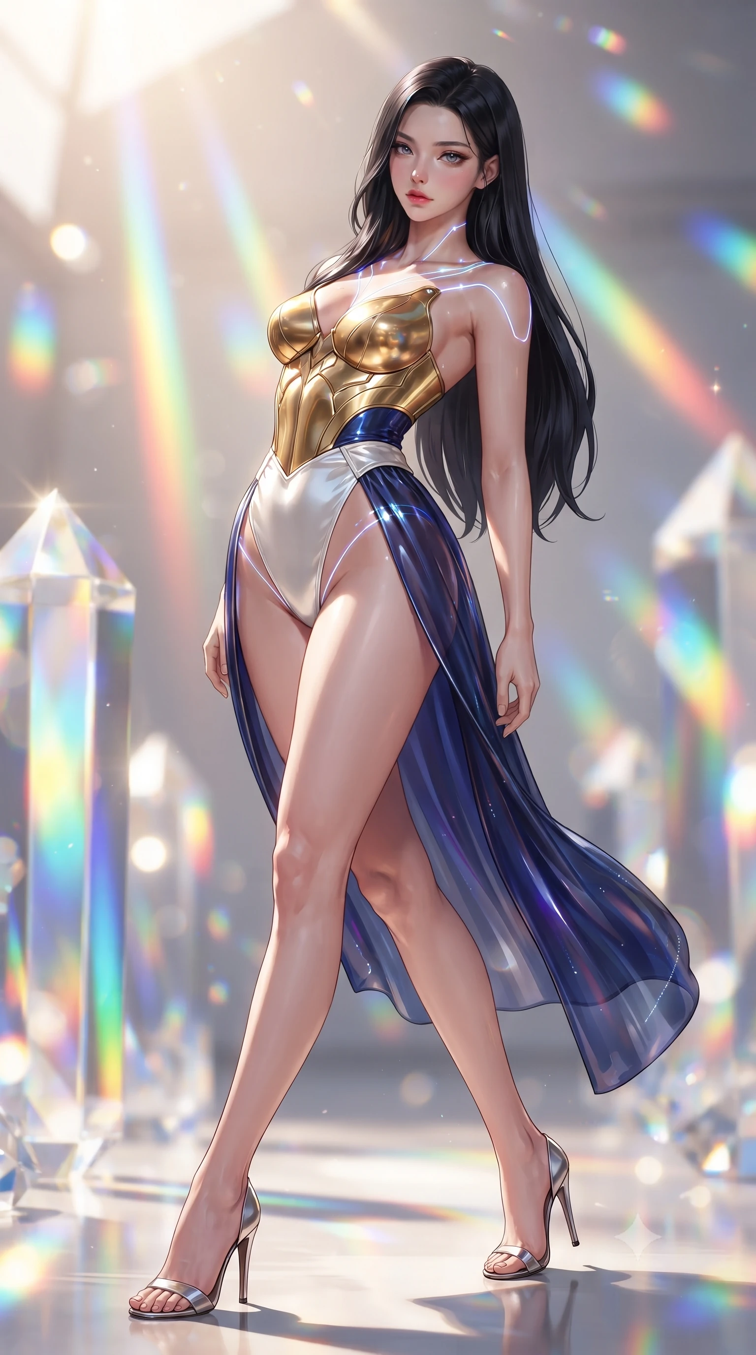 score_9, masterpiece, best quality, ultra-detailed, high-budget anime keyframe, editorial fashion photography, tasteful artistic composition, Korean woman. low angle full-body shot from head to toe showing her feet, filling the entire 9:16 vertical frame with her statuesque presence, stretching her vertical silhouette. arching her back in a fluid zero-gravity turn with sovereign grace, her long slender legs and sculpted torso creating a sweeping line while striding commanding through a sun-drenched art hall where giant crystal prisms project vivid rainbow beams. The composition keeps background elements in soft focus with creamy bokeh. vibrant rainbow spectrum light beams and crystal facets blurred into dazzling prismatic bokeh. She has an absolutely perfect, statuesque 8.5-heads proportion, an exceptionally tall and slender model-like female figure with impossibly long slender legs, a toned flat midriff, and an ultra-slim waist. sharp v-shaped jawline, high-bridge nose, intricate jewel-like eyes with depth, thick eyelashes, glossy lips with a natural sheen, flawlessly proportioned anatomical accuracy, strict slender model proportions, natural body alignment, perfectly sculpted long slender limbs, ultra-slim waistline, clean dynamic posture without body distortion. wearing a sculpted golden breastplate bodice paired with high-cut white satin briefs and a fluid draped side skirt in deep royal navy blue and specular chrome, tailored from semi-translucent cybernetic vinyl with glowing micro-filaments, accented with glowing fiber-optic seams tracing her collarbones and hip curves, the precision-cut daring openings accentuating her delicate midriff, graceful bare collarbones, and ultra-slim feminine waistline. surrounded by a hyper-creative, radiant, and fiercely chic modern fashion editorial aura. ultra-reflective glossy finish, specular highlights, metallic sheen, high-contrast stereoscopic depth, volumetric dynamic lighting, 2k, ultra detail, master piece, 9:16 ratio