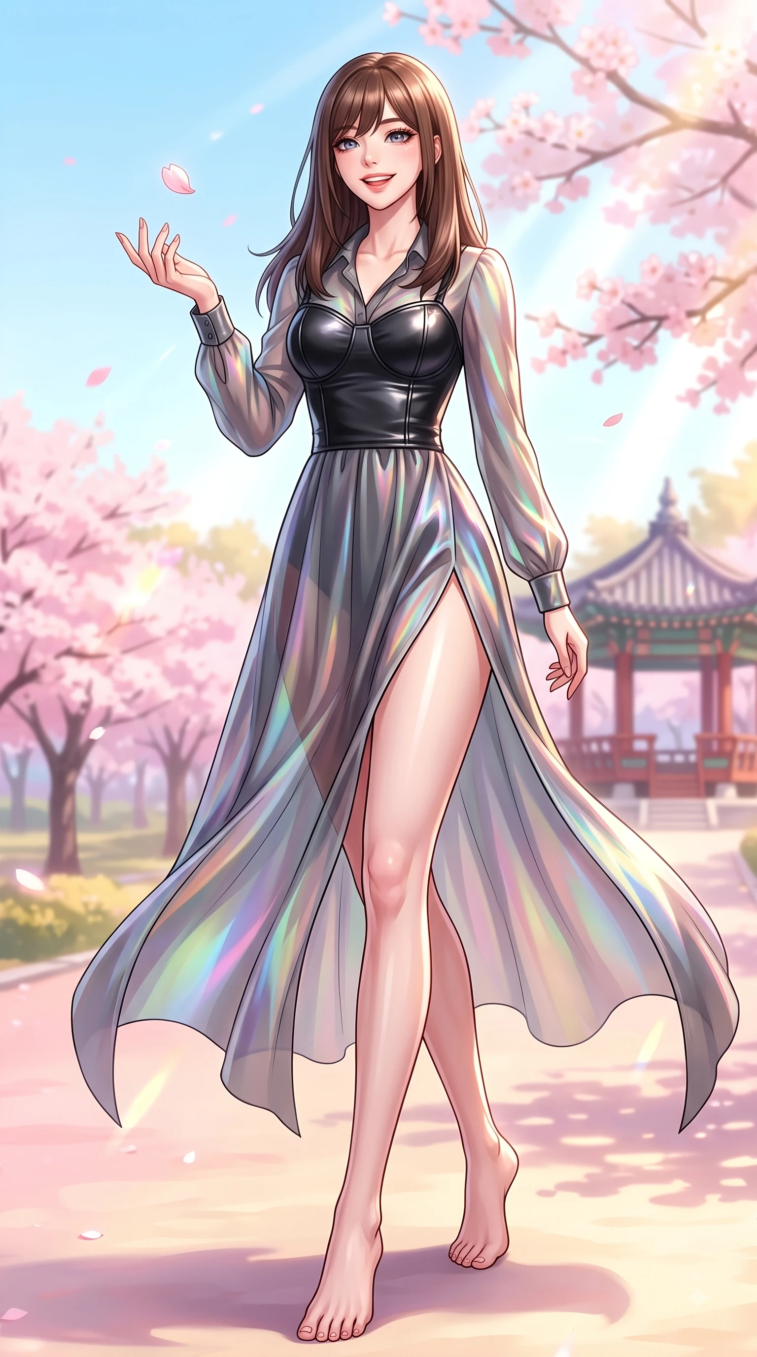 score_9, masterpiece, best quality, ultra-detailed, high-budget anime keyframe, editorial fashion photography, tasteful artistic composition, Korean woman. low angle full-body shot from head to toe showing her feet, filling the entire 9:16 vertical frame with her statuesque presence, stretching her vertical silhouette. stepping forward in a proud dynamic stride with a cheerful beaming smile, her vertical silhouette filling the frame while reaching her hand up playfully to catch a floating cherry blossom petal in mid-air, bright spring sunbeams illuminating the scene in soft pastel pink and gold tones. She has an absolutely perfect, statuesque 8.5-heads proportion, an exceptionally tall and slender model-like female figure with impossibly long slender legs and an ultra-slim waist. sharp v-shaped jawline, high-bridge nose, intricate jewel-like eyes with depth, thick eyelashes, glossy lips with a natural sheen, flawlessly proportioned anatomical accuracy, natural body alignment, perfectly sculpted elegant limbs, clean dynamic posture without body distortion. wearing a tailored leather bustier over a sheer silk chiffon blouse in charcoal grey and platinum, crafted from iridescent chiffon that shifts colors in the light, finished with a sleek side slit ascending to mid-thigh, the glove-like fit emphasizing her statuesque silhouette during motion. illuminated by soft glowing pink ambient light and clear sky refractions. highly saturated vibrant anime colors, detailed shading with soft gradients, rich glossy textures, high-contrast stereoscopic depth, volumetric dynamic lighting, master piece, 9:16 ratio